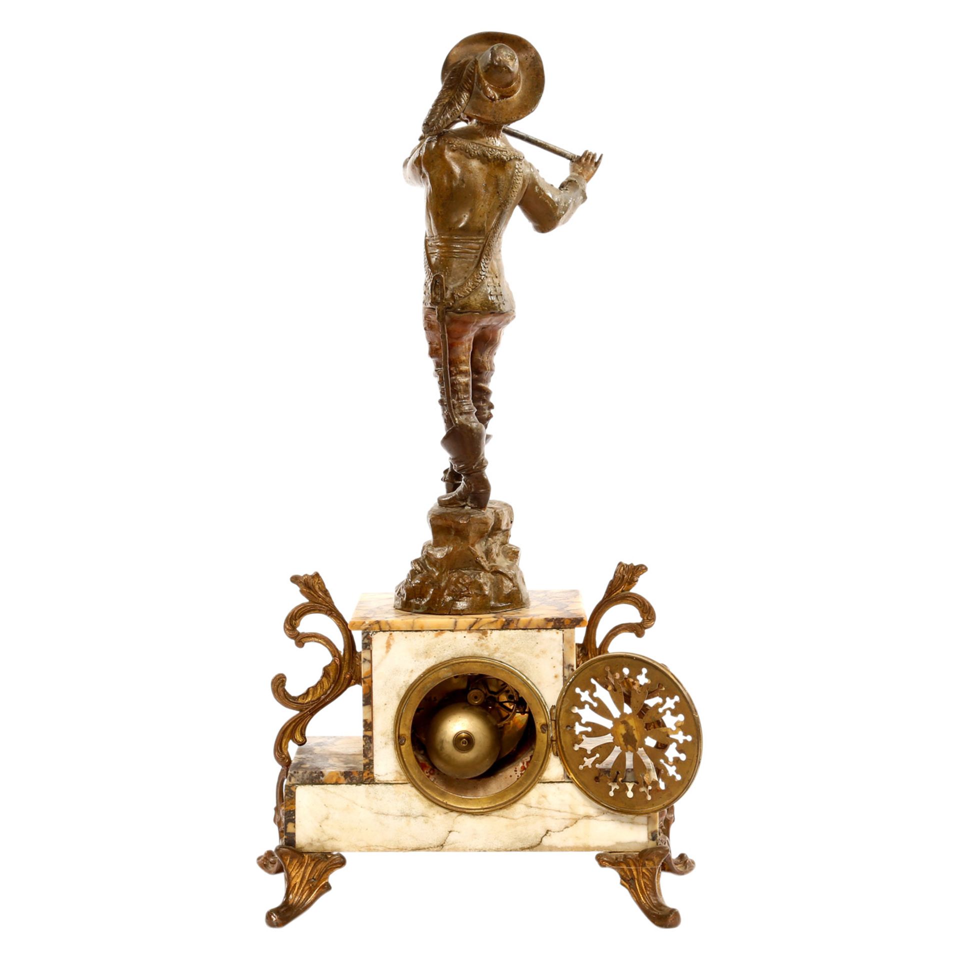 GROßE FIGURENPENDULE "DER FLÖTENSPIELER" Frankreich, um 1900, Marmor und Metallguss bronziert, auf - Bild 5 aus 10