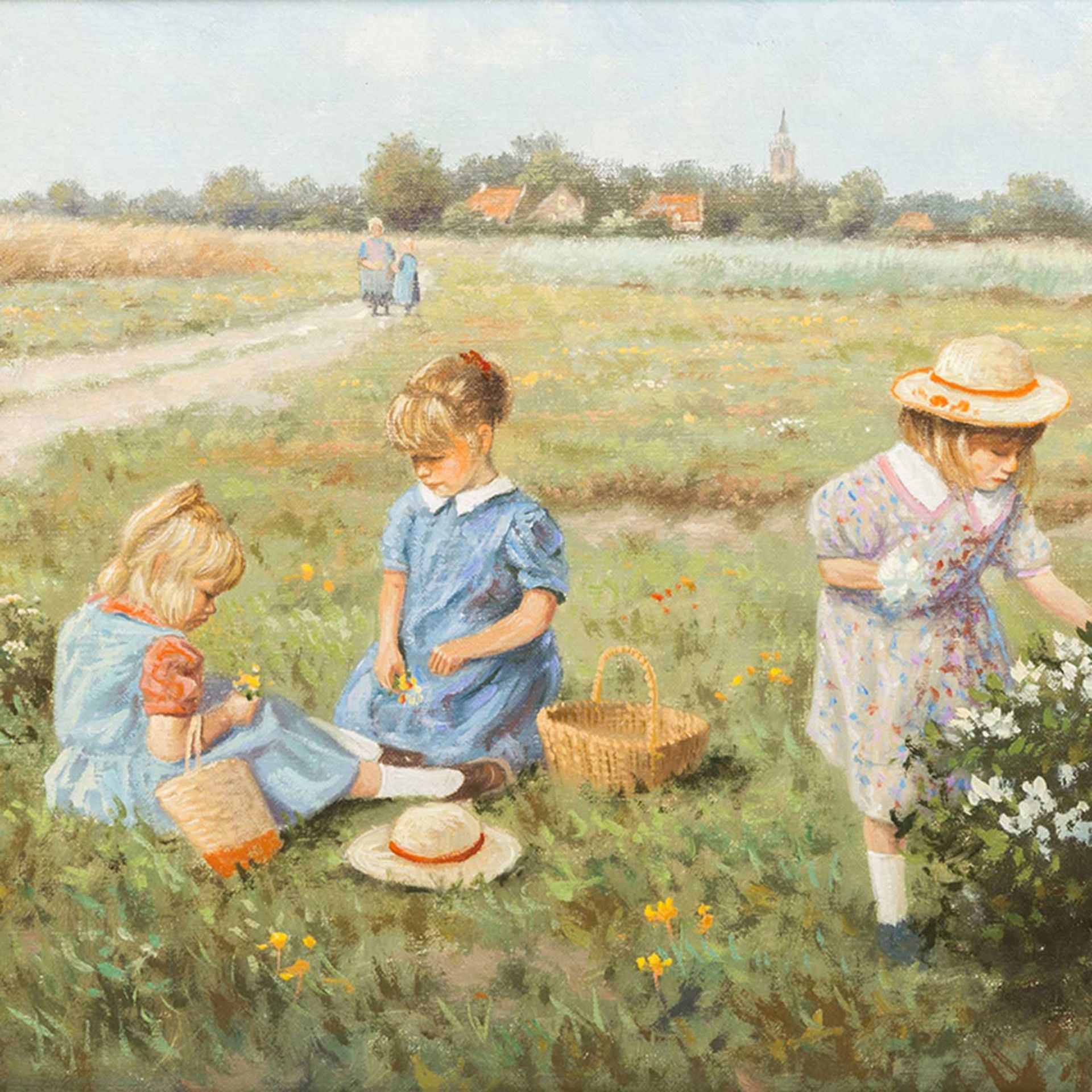 MEILOF, RON (Maler 20. Jh.), "Blumen pflückende Kinder", u.re. sign., Öl auf Leinwand, ca. 30x54