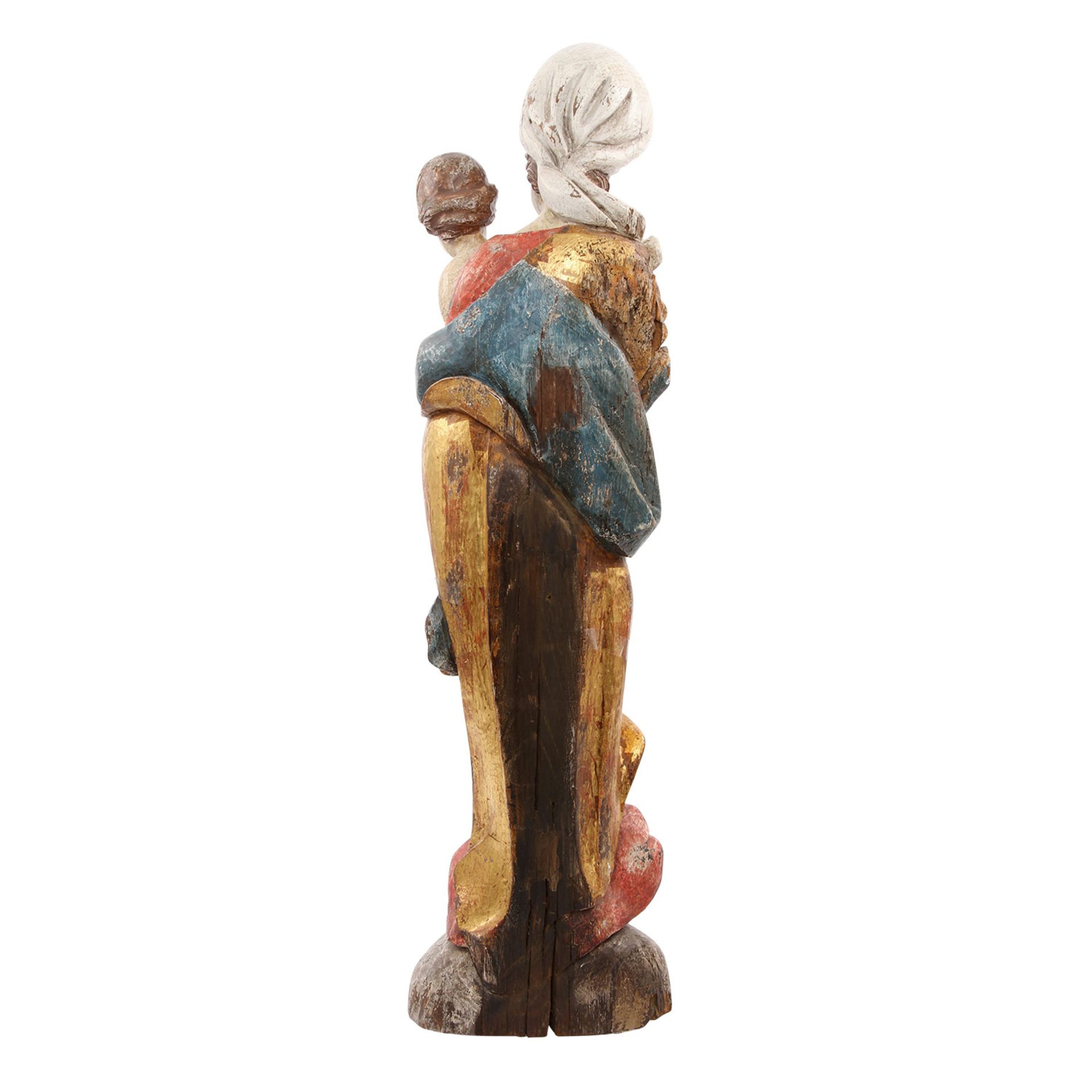 MADONNA 20. Jh., Holz geschnitzt, farbig und gold gefasst, frontal ausgerichtete Maria auf einem - Bild 3 aus 5