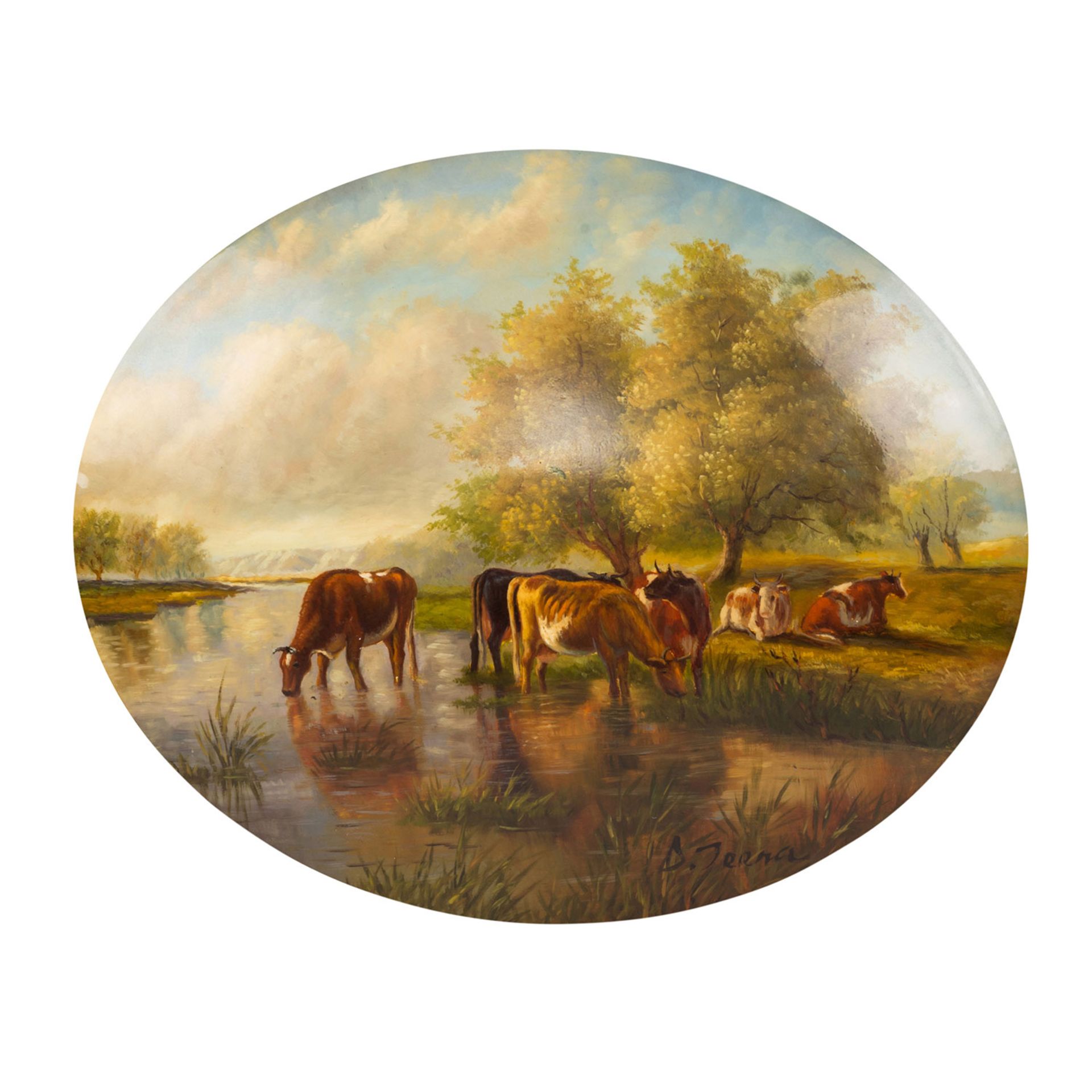 JERNA, D. (Maler 20. Jh.), "Kühe am Flussufer", in altmeisterlicher Manier, u.re. sign., Öl auf