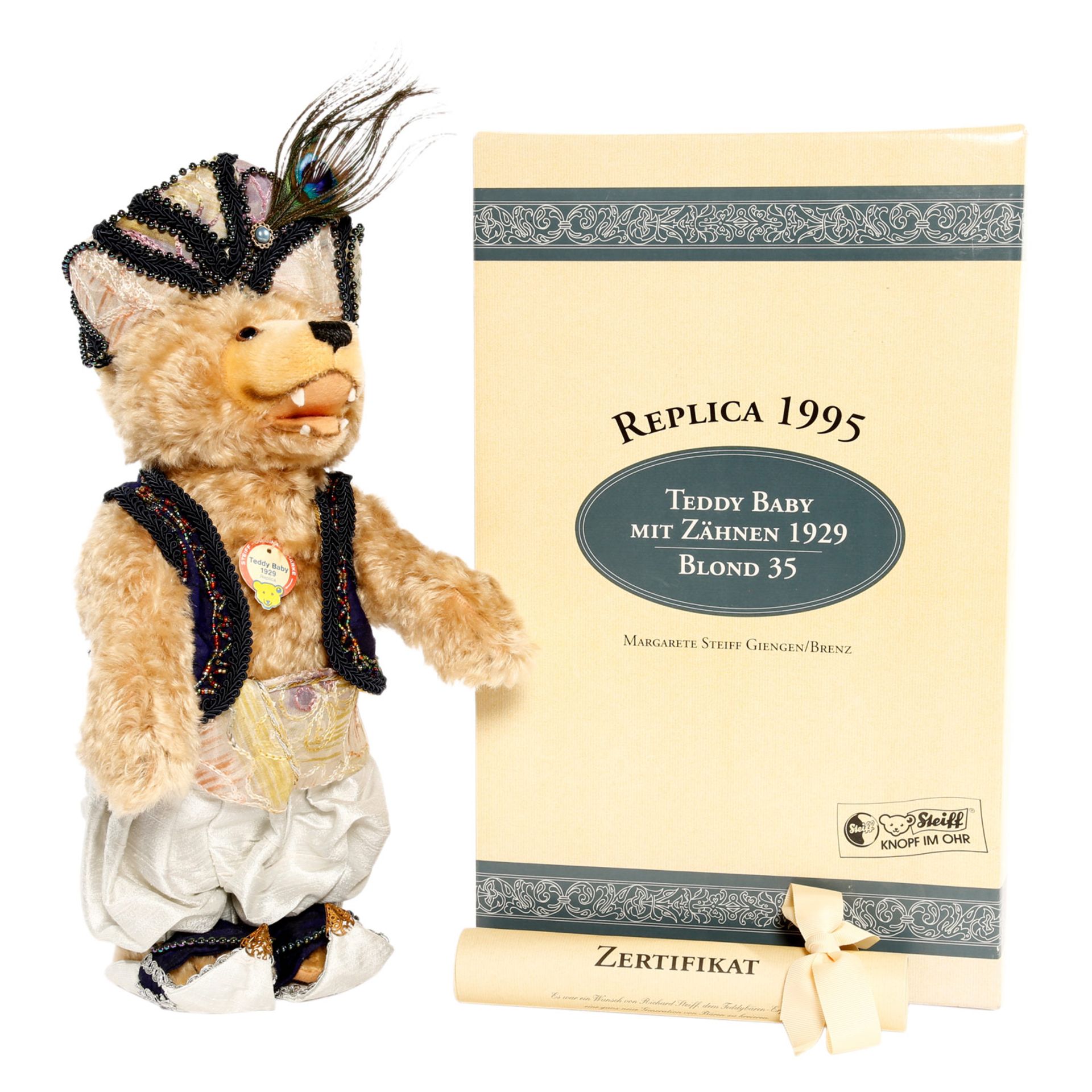 STEIFF Teddy Baby Nr. 408175, 1995, Replik v. 1929, limit. Aufl. von 3000 Stück. Knopf, Fahne, - Bild 7 aus 7