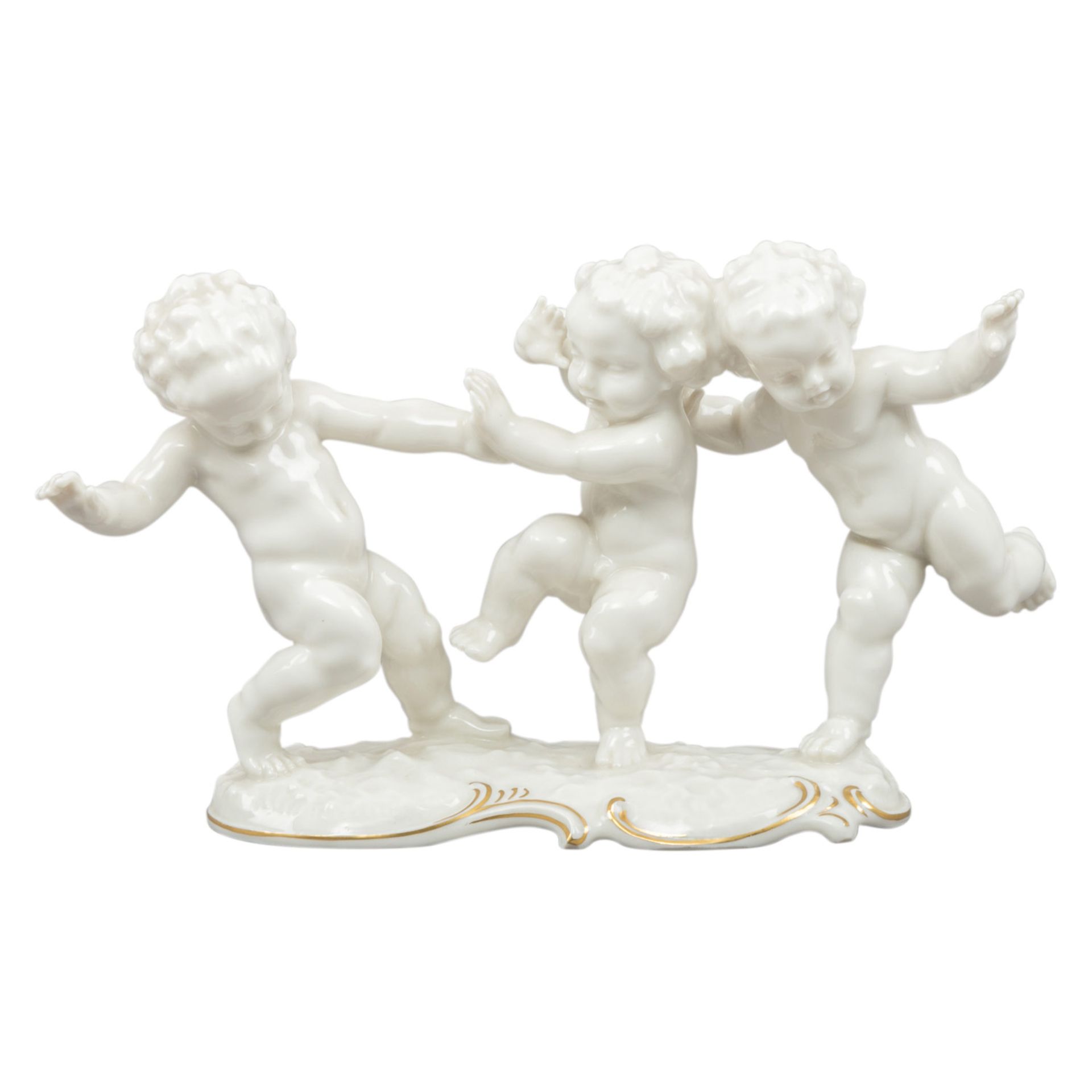 HUTSCHENREUTHER Figurengruppe '3 spielende Kinder', Marke von 1955-1968. Weißporzellan partiell