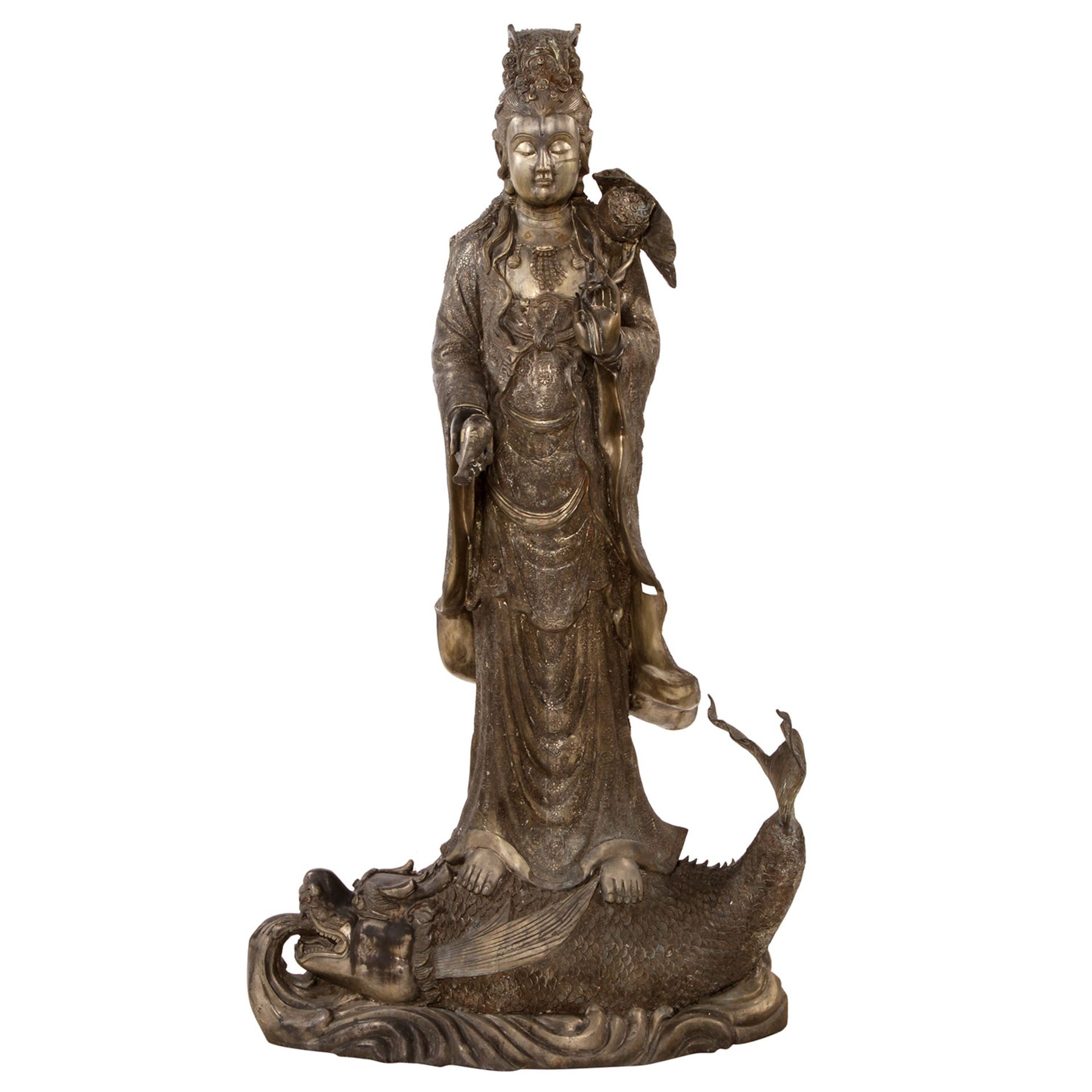 GROßE BRONZESKULPTUR, GÖTTIN GUANYIN 20. Jh., Bronze, Detailreiche Skulptur der Buddhistischen