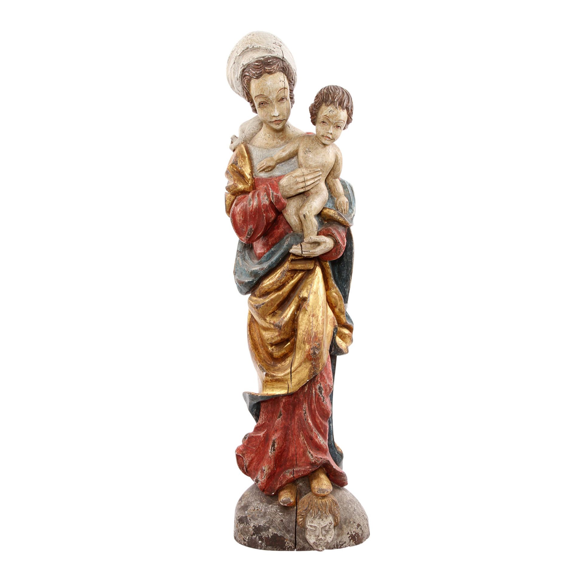 MADONNA 20. Jh., Holz geschnitzt, farbig und gold gefasst, frontal ausgerichtete Maria auf einem