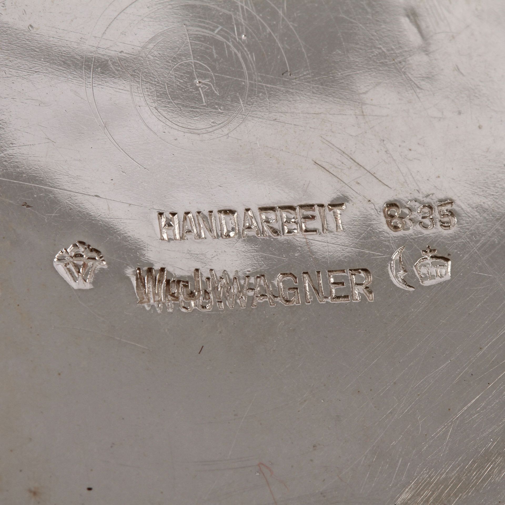 WuJ. WAGNER Tablett mit Sahne- und Zuckerset, Silber, 20. Jhd. Handarbeit, Hammerschlagdekor, ovales - Bild 5 aus 6