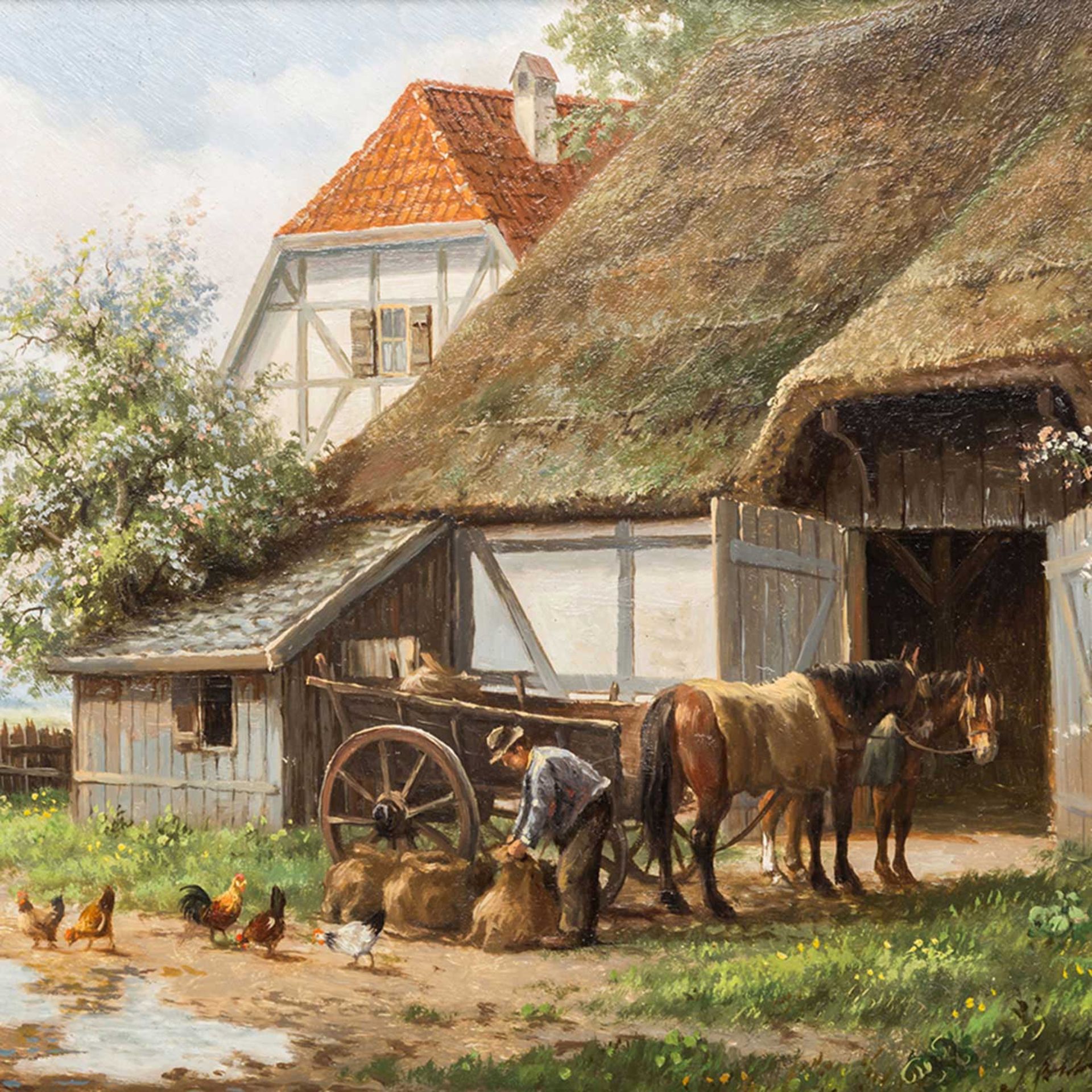 MEILOF, RON (Maler 20. Jh.), "Bauer mit Pferden und Hühnern vor dem Gehöft", u.re. sign., Öl auf