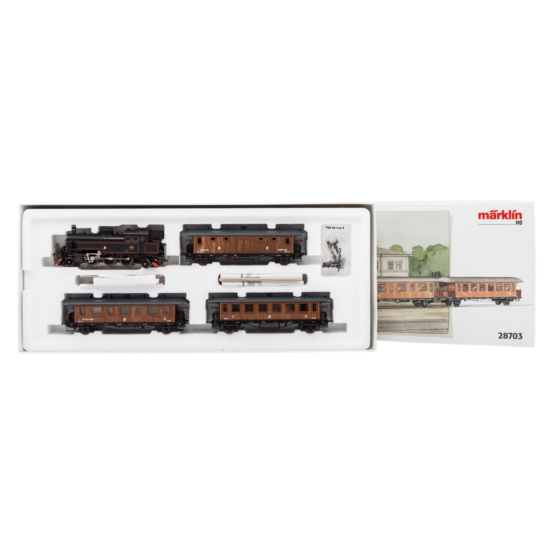 MÄRKLIN Historischer Personenzug der SJ 28703, Spur H0, bestehend aus schwarzer Tenderlok BN 944