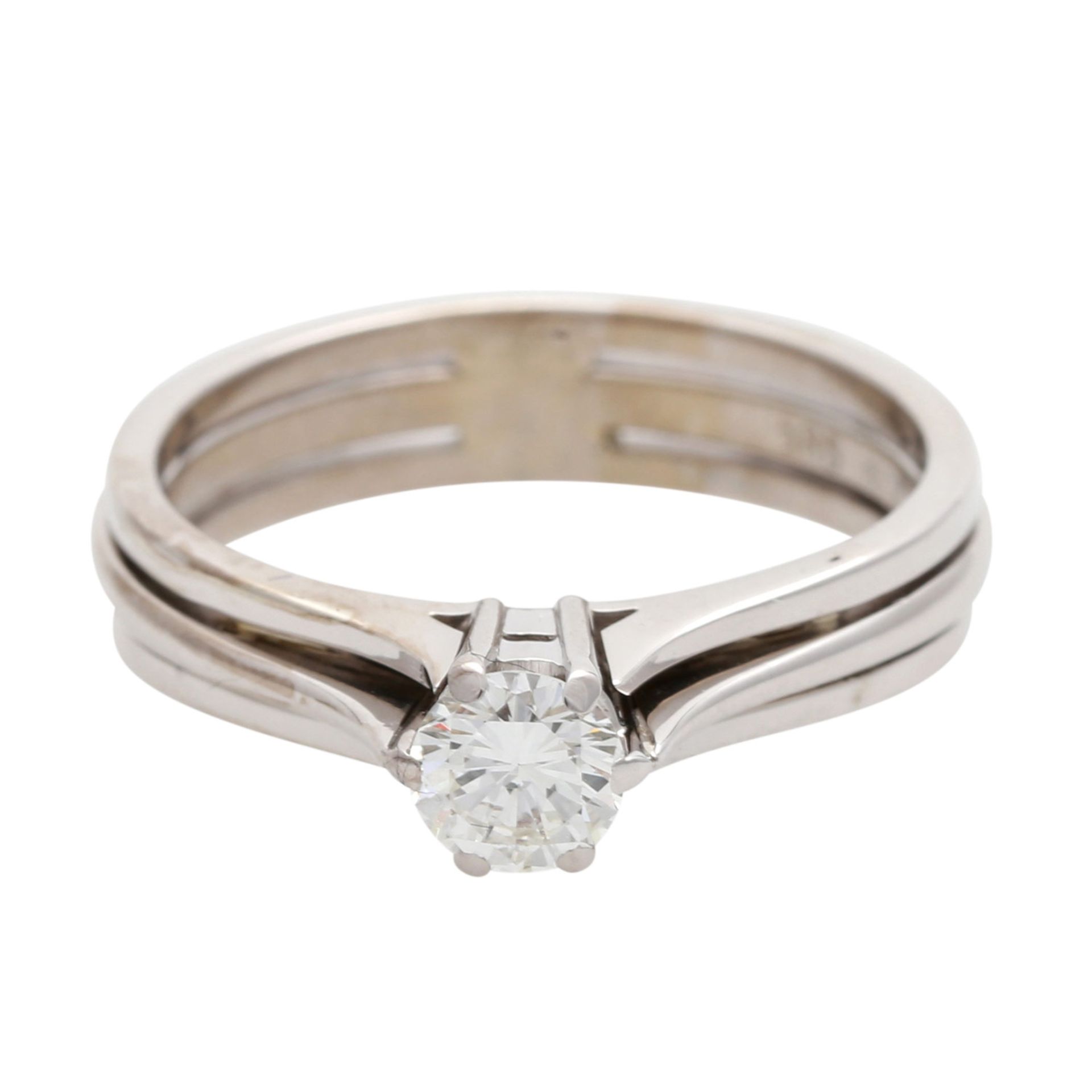 Damenring mit Brillant von ca. 0,50 ct., LGW (I - J) / VS1, WG 14K, RW 62, um 1970, minimale