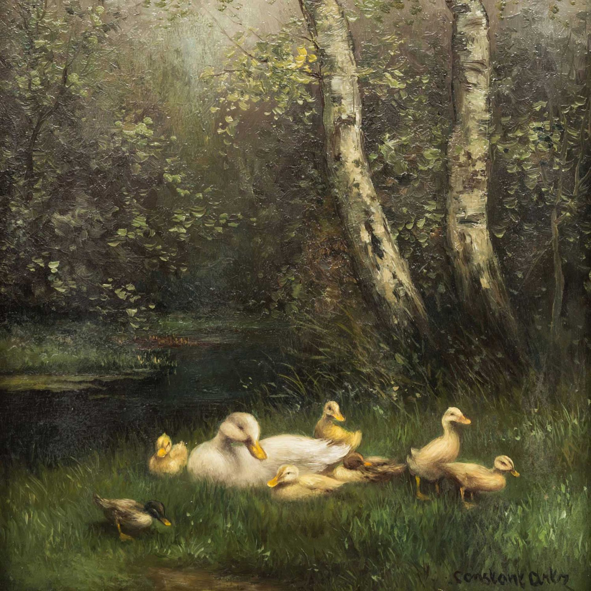 ARTZ, CONSTANT (1870-1951), "Entenfamilie am Ufer unter Birken", u.re. sign., Öl auf Holz, ca. 29,