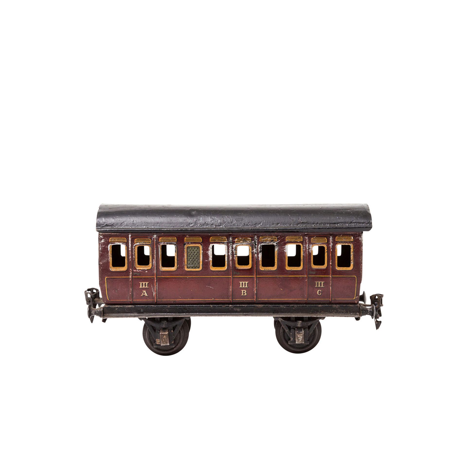 MÄRKLIN Abteilwagen 1864, Spur 1, 1910-1924, Blech, braun, lithogr., 1 Stirnseite gemarkt, auf