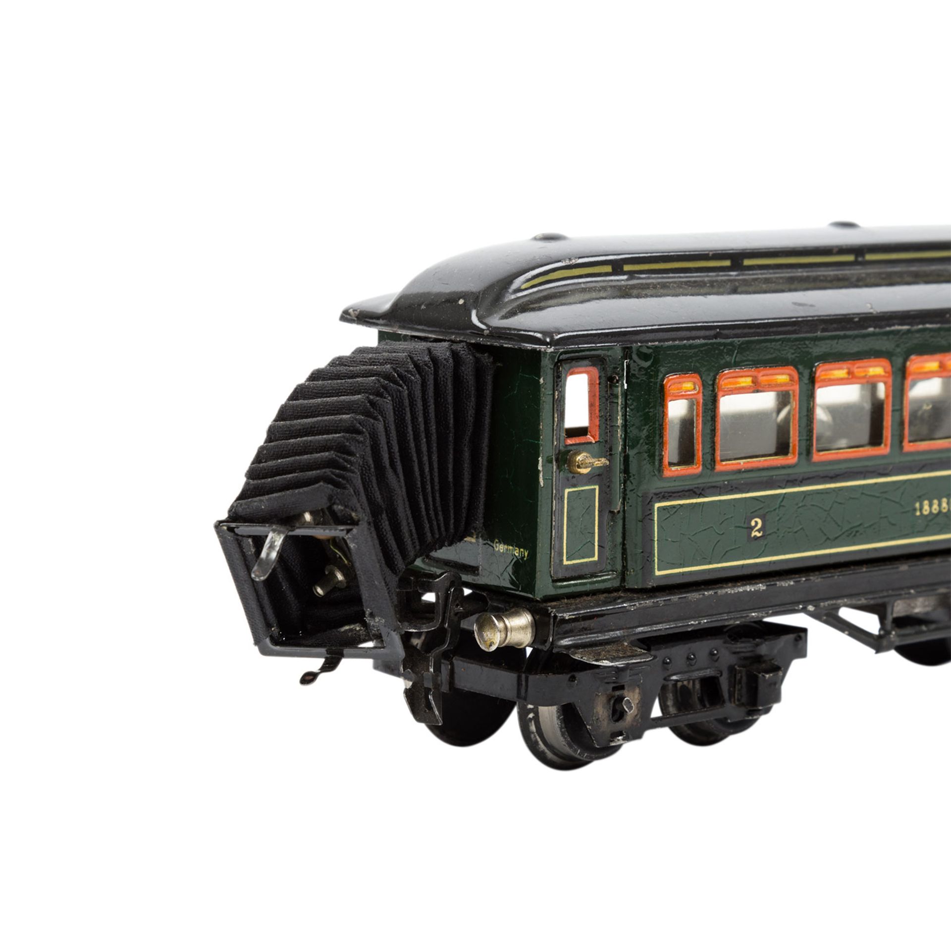 MÄRKLIN Personenwagen 1888 P, Spur 0, 1934-1952, Blech, grün, lithogr., bez. u. gemarkt, 4-achsig, - Bild 3 aus 4