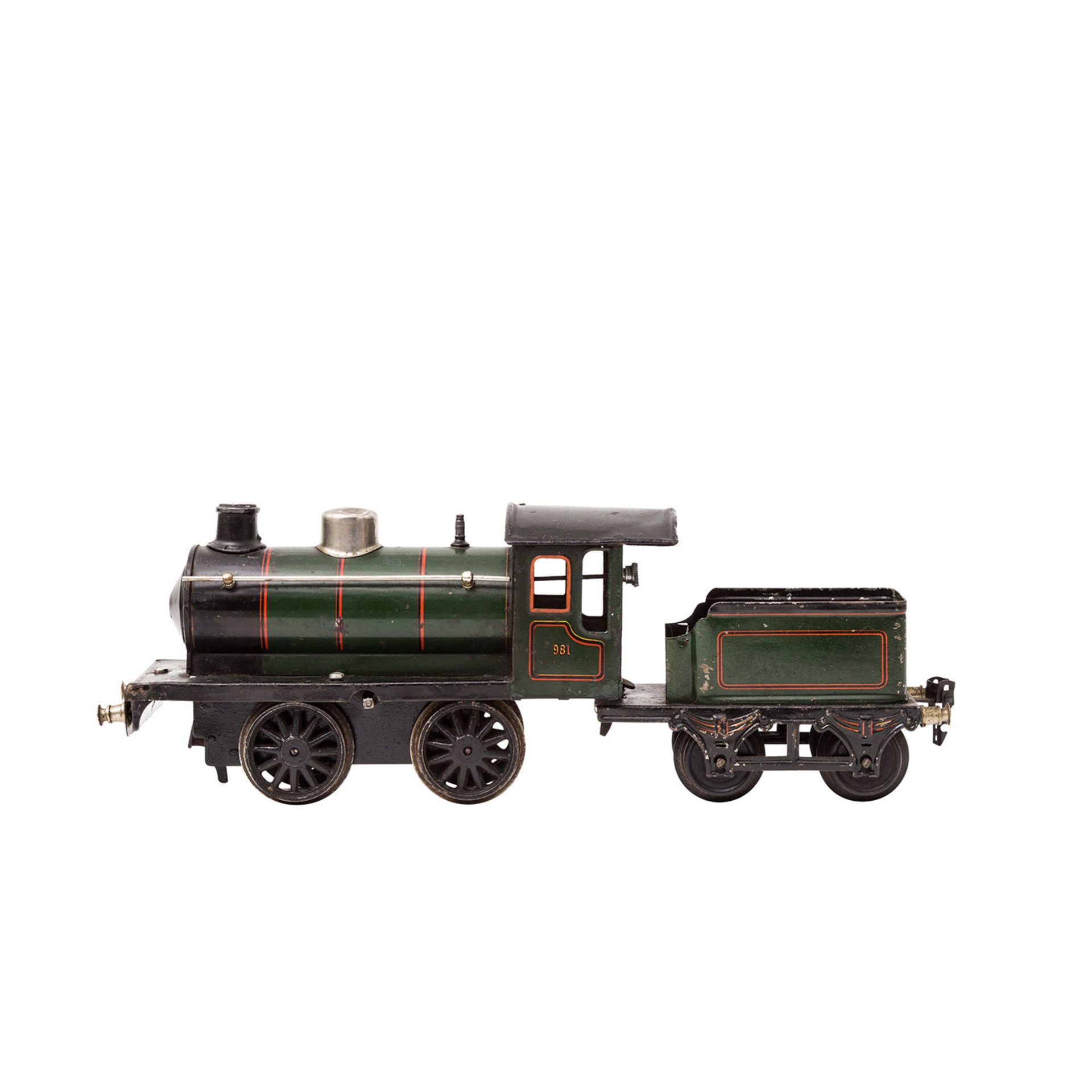 MÄRKLIN Uhrwerk-Dampflok R 981, Spur 1, 1925-1926, Blech, grün/schwarz, bez. u. gemarkt, vor- u.