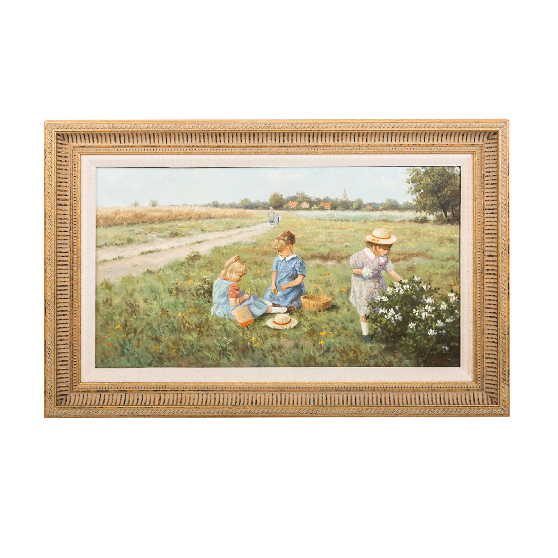 MEILOF, RON (Maler 20. Jh.), "Blumen pflückende Kinder", u.re. sign., Öl auf Leinwand, ca. 30x54 - Bild 2 aus 4