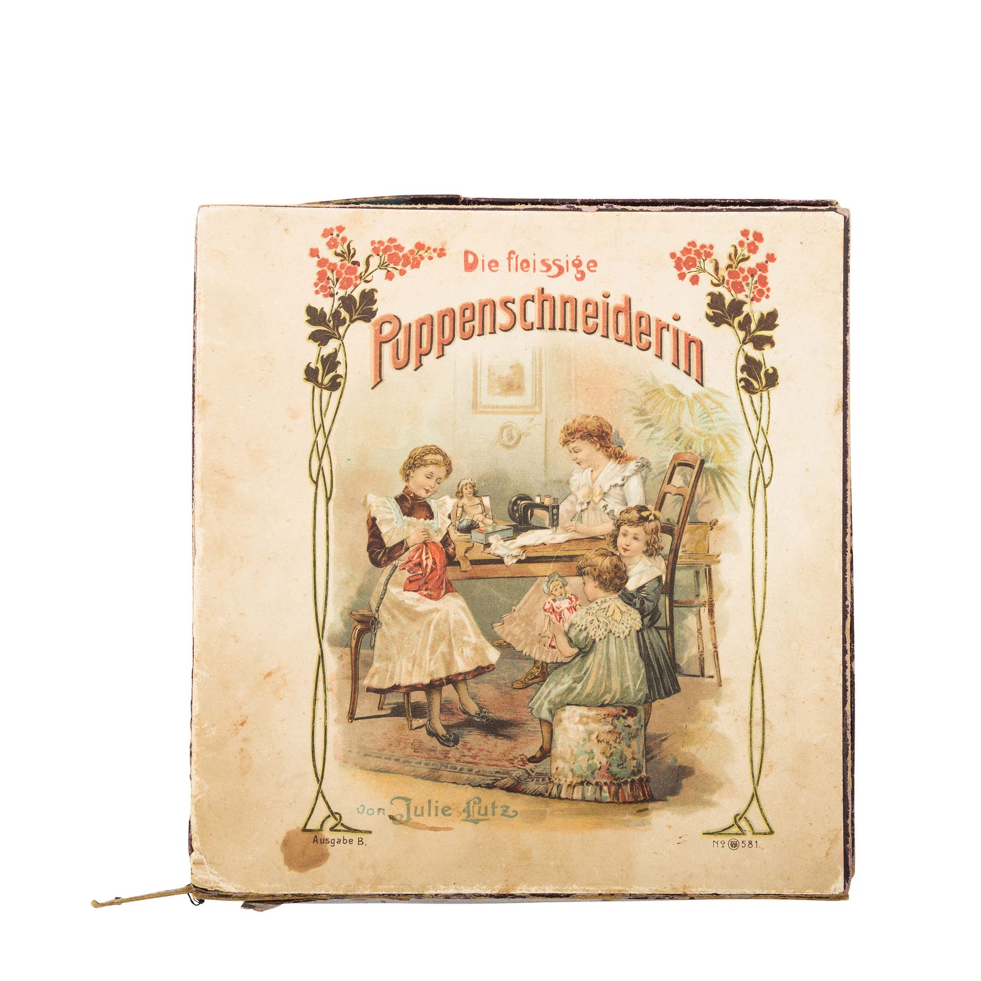 JULIE LUTZ "Die fleissige Puppenschneiderin" Ausgabe B Nr. 581, um 1900, Biskuitporzellankopf- - Bild 5 aus 8
