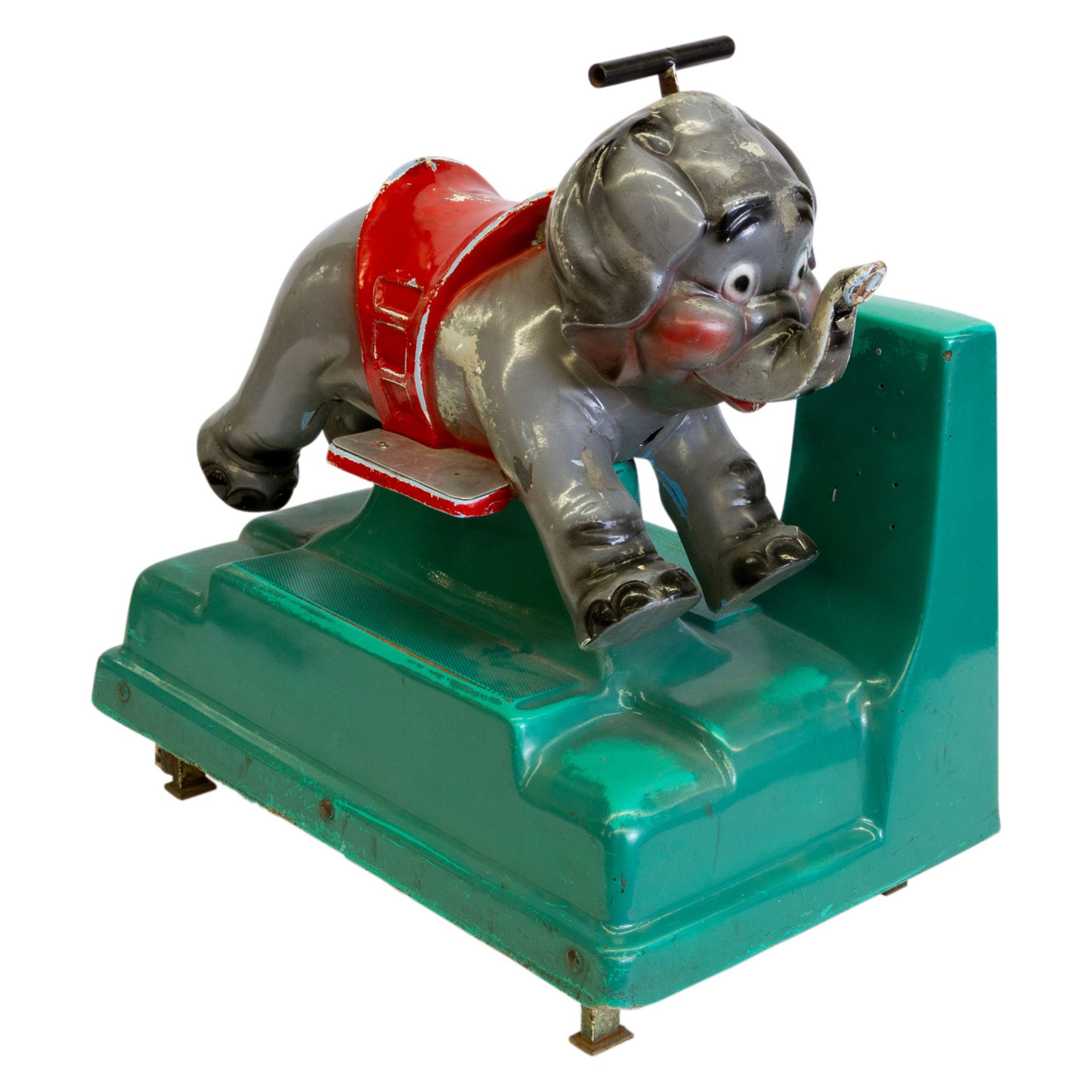 Schaukelautomat "Elefant", 1960er Jahre, grauer Elefant mit rotem Sattel und Haltegriff auf