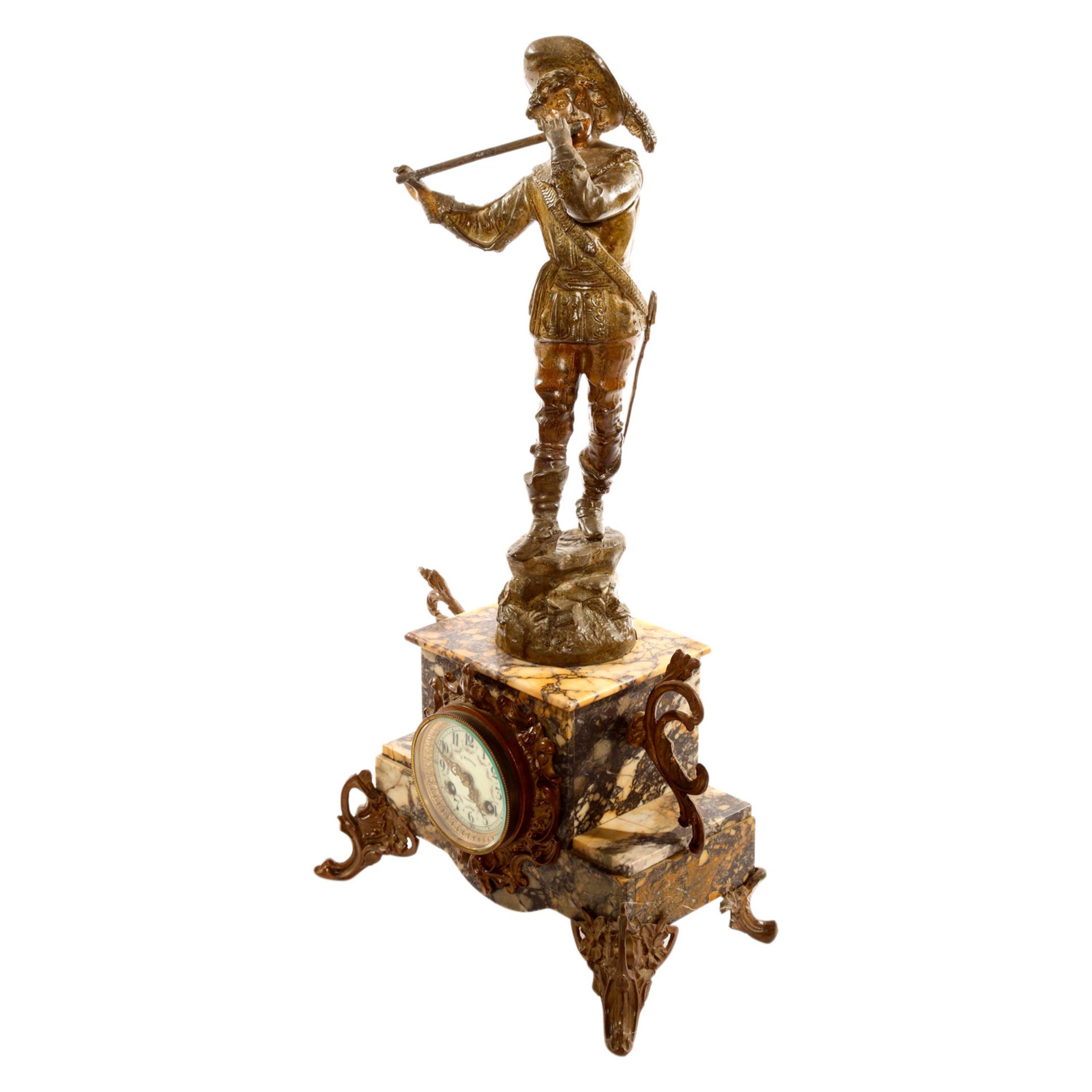 GROßE FIGURENPENDULE "DER FLÖTENSPIELER" Frankreich, um 1900, Marmor und Metallguss bronziert, auf