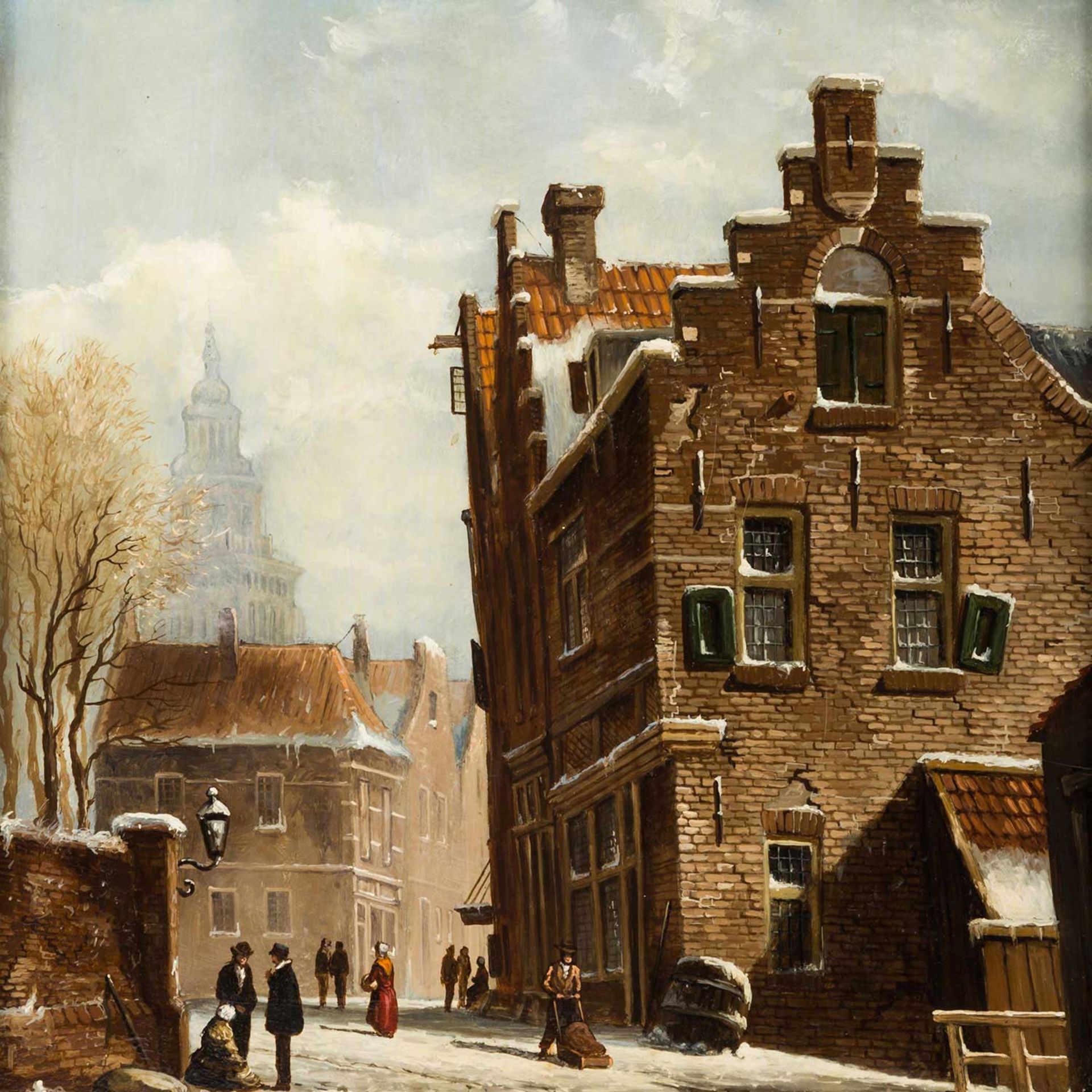 WINTER, H.W.G. (geb. 1937), "Holländische Stadt im Winter", Straßenszene mit Flanierenden, u.li.