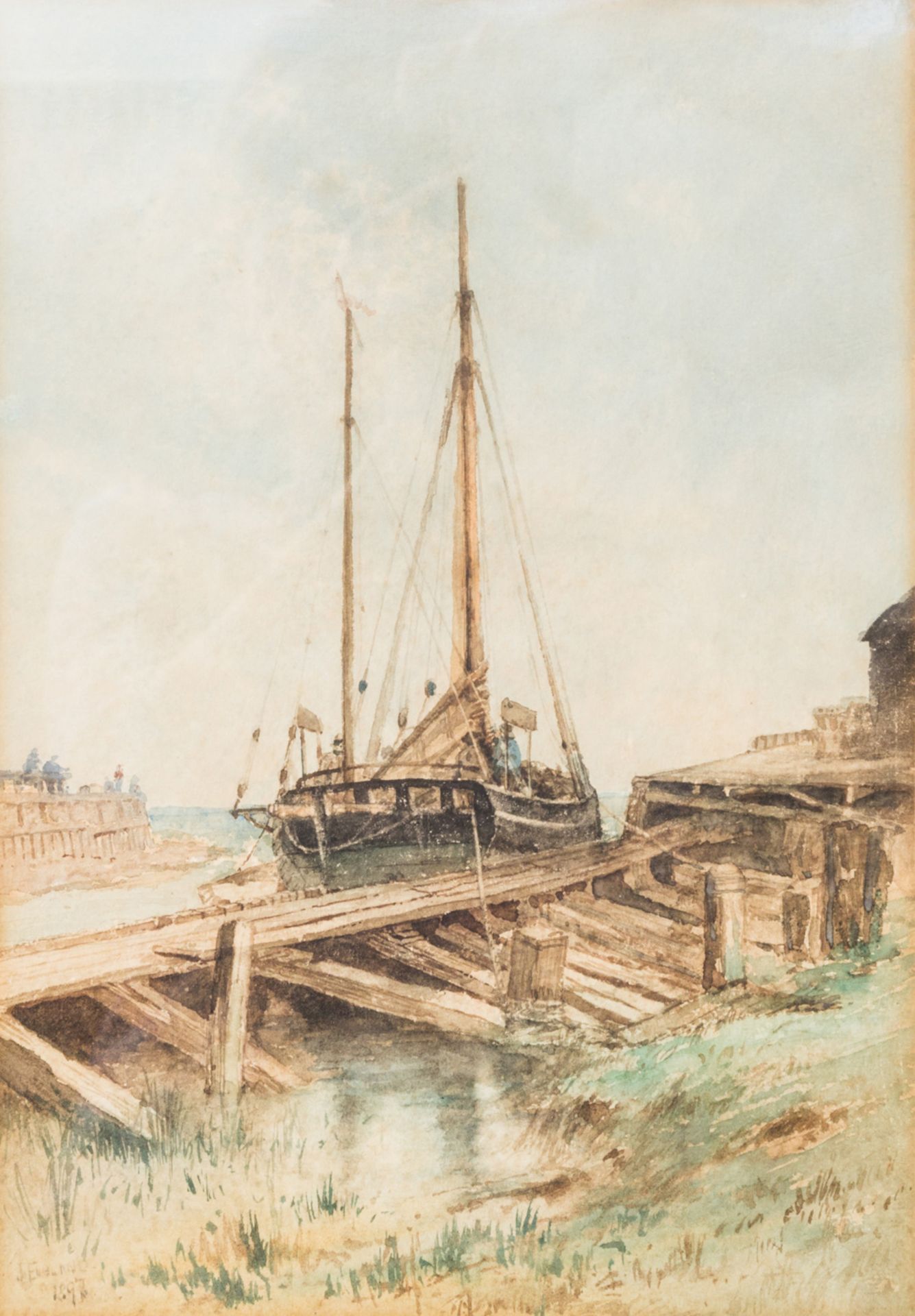 ENGLAND, JOHN (engl. Künstler, 19. Jh.), "Zweimaster am Quai", kleiner Hafen mit anliegendem