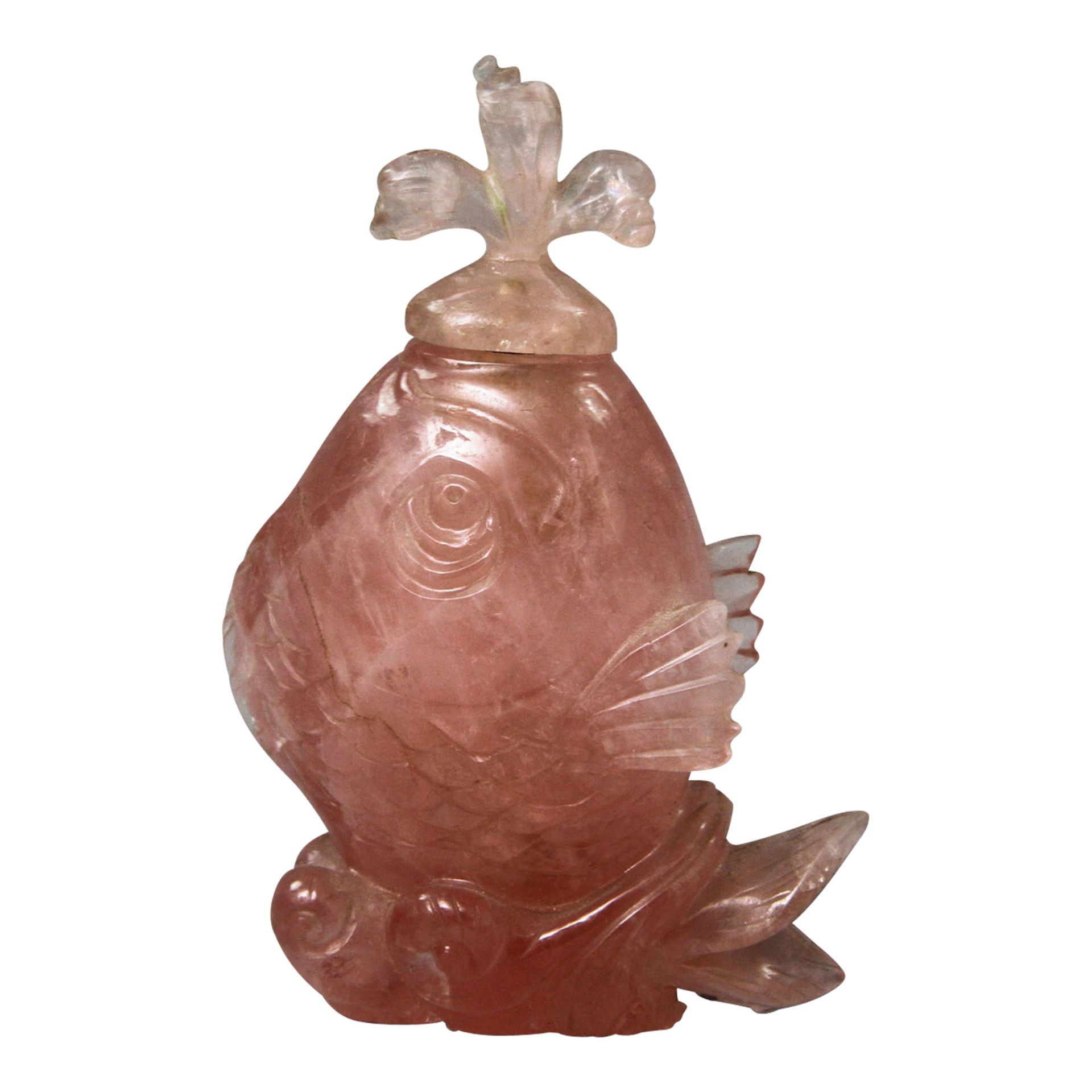 Snuffbottle in Form eines Fisches aus Rosenquarz. CHINA, 1. Hälfte 20. Jh. H 9,5 cm, besch.