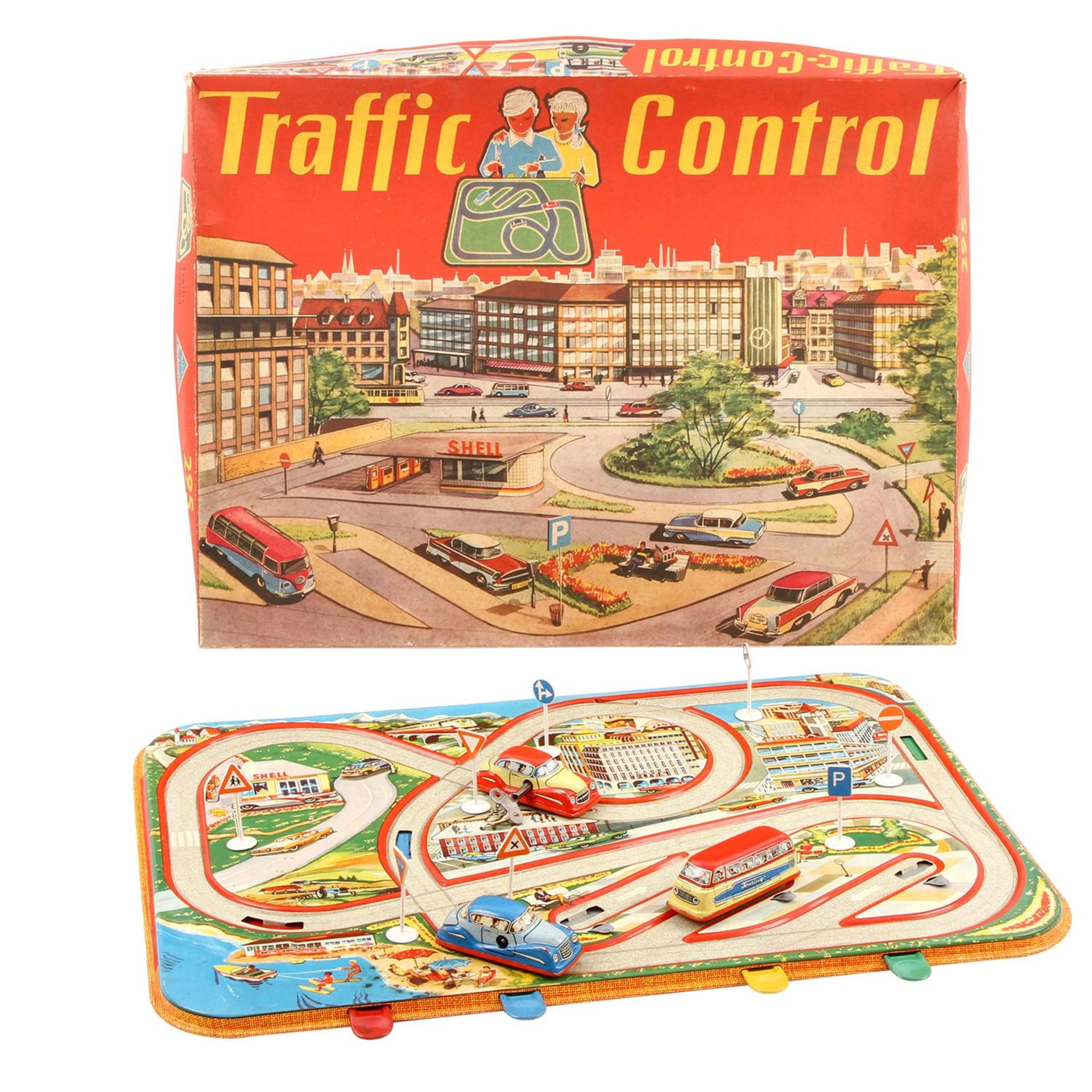 TECHNOFIX Traffic Control Nr. 295, 1950er/60er Jahre, Blech, 3 Fahrzeuge m. Uhrwerkantrieb, 8