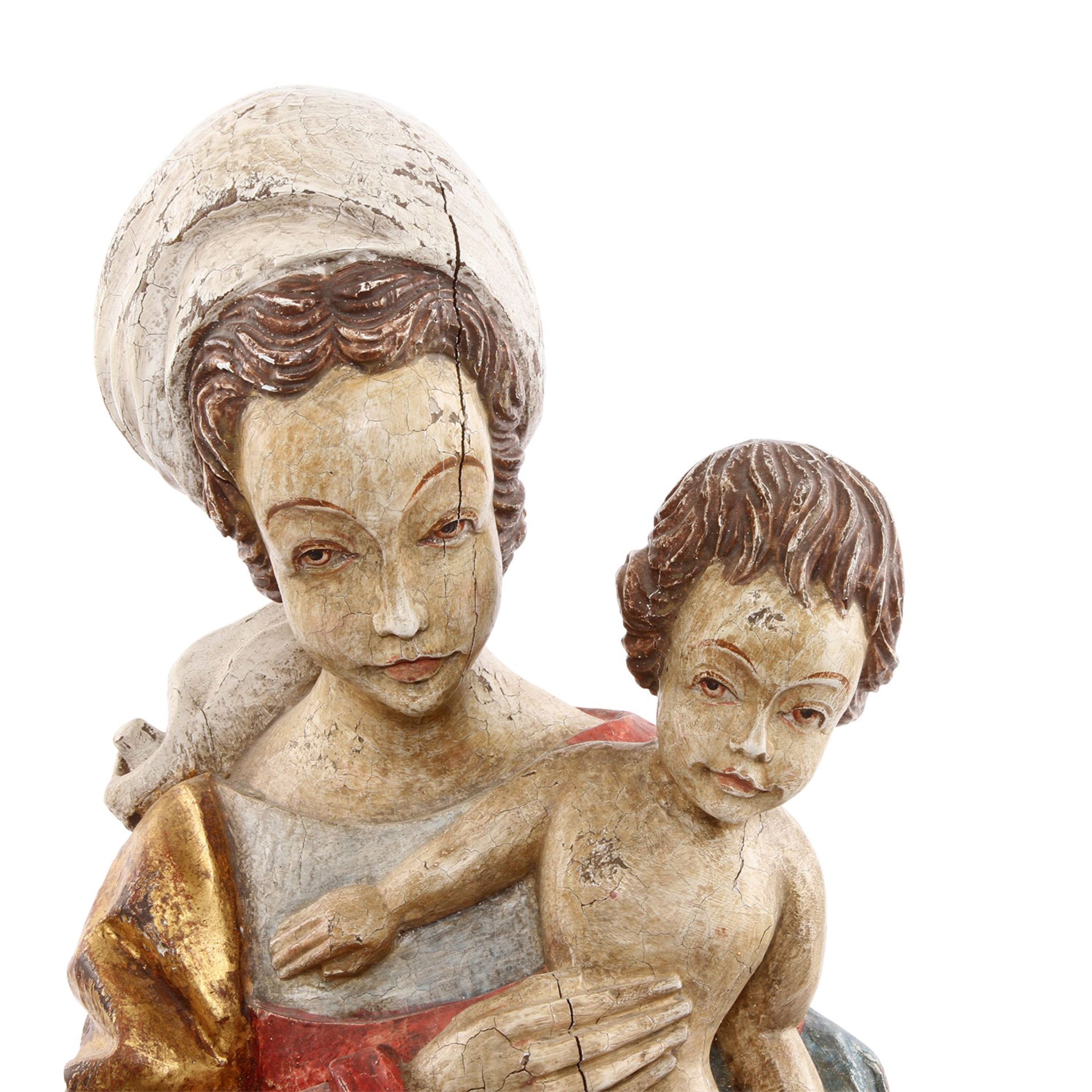 MADONNA 20. Jh., Holz geschnitzt, farbig und gold gefasst, frontal ausgerichtete Maria auf einem - Bild 5 aus 5