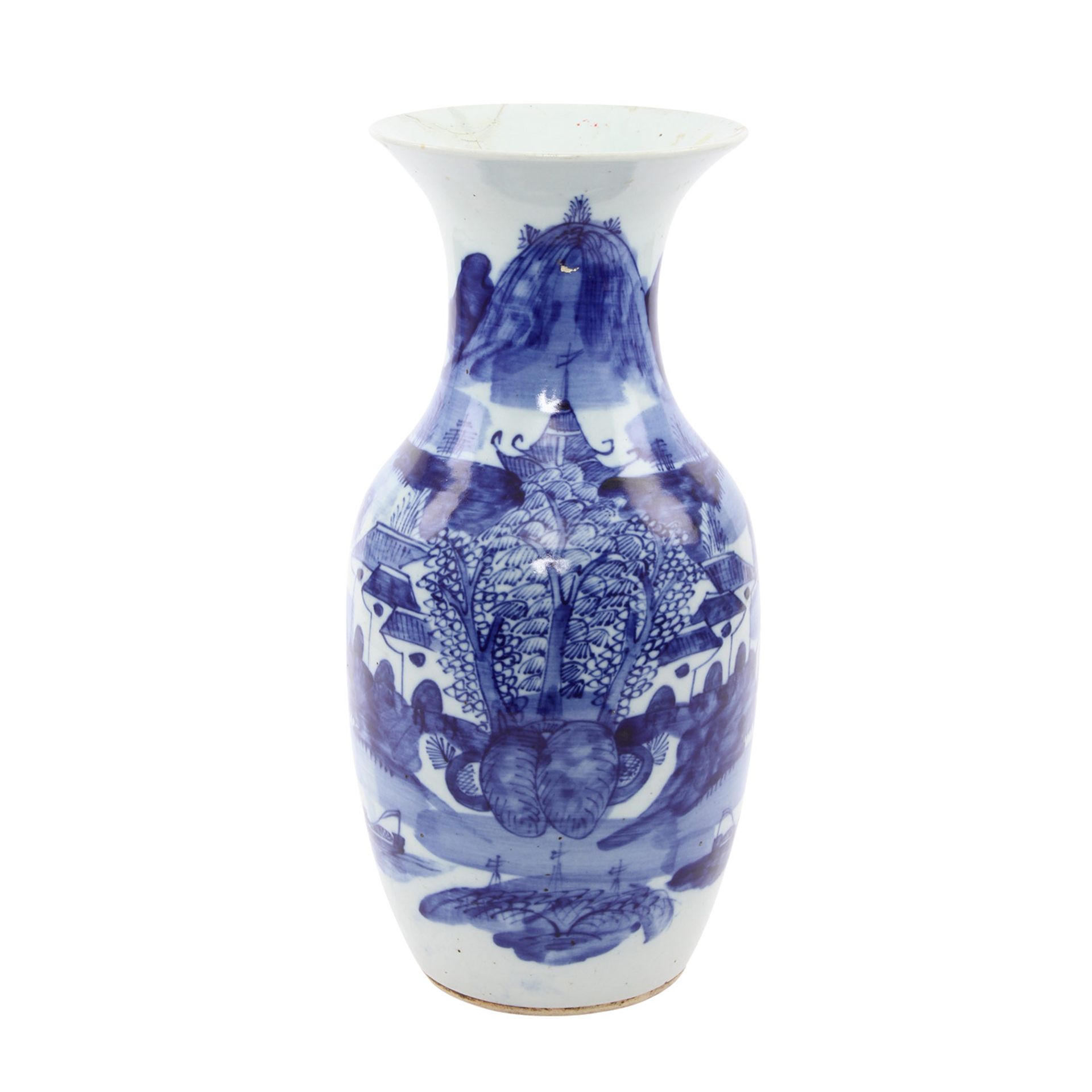 Blau-weisse Vase. CHINA, um 1900 unterglasurblaue Malerei einer Landschaft, H 43,5 cm, besch. und am