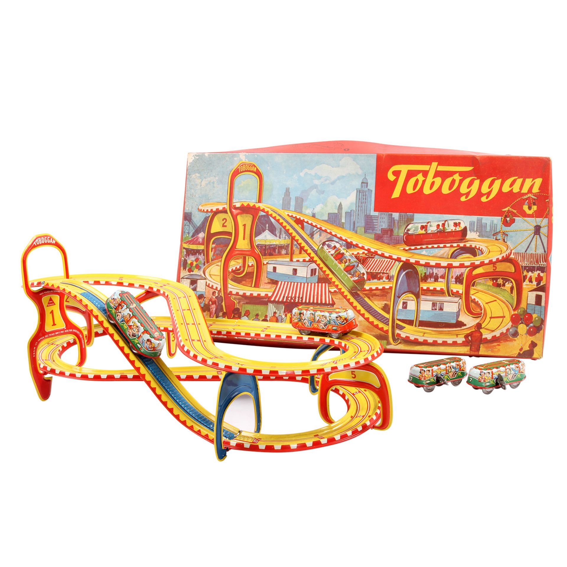 TECHNOFIX Achterbahn "Toboggan" Nr. 290, 1950er Jahre, Blech, 4 Fahrzeuge m. Uhrwerkantrieb, 4