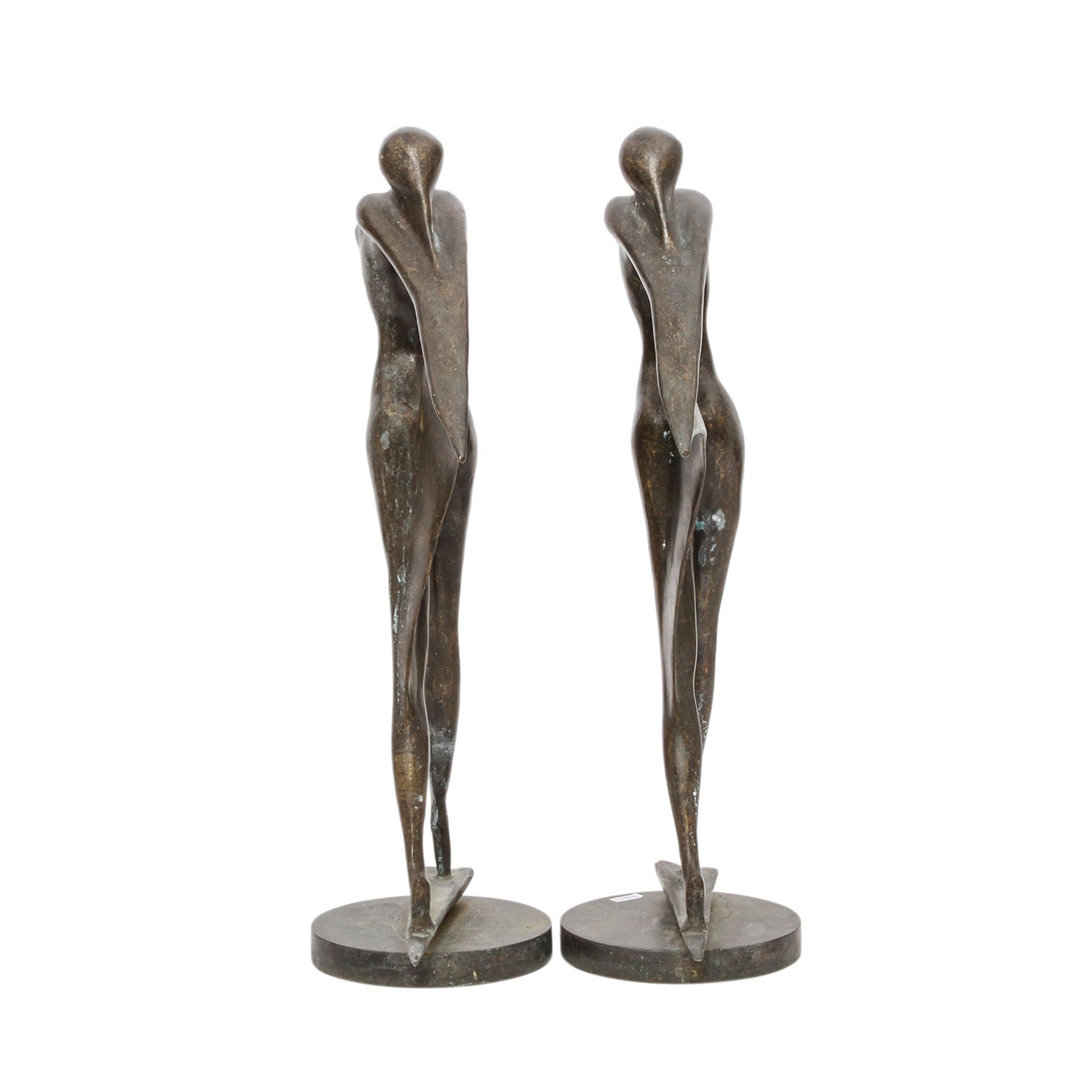 Paar Figuren 'Tänzerin', 20. Jhd. Bronze, abstrakter, weiblicher Akt, H. ca. 39cm. Altersspuren. - Image 4 of 5