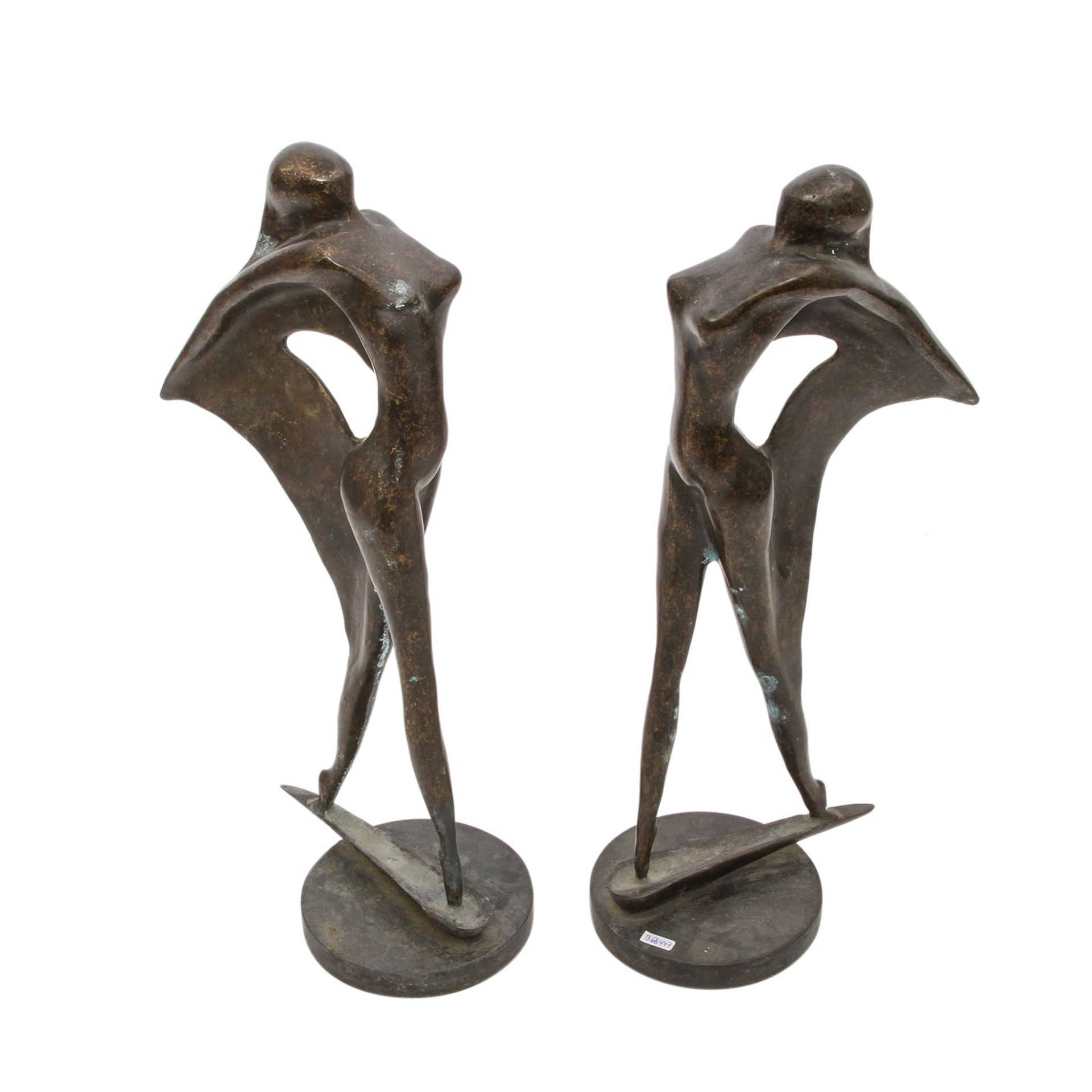Paar Figuren 'Tänzerin', 20. Jhd. Bronze, abstrakter, weiblicher Akt, H. ca. 39cm. Altersspuren.