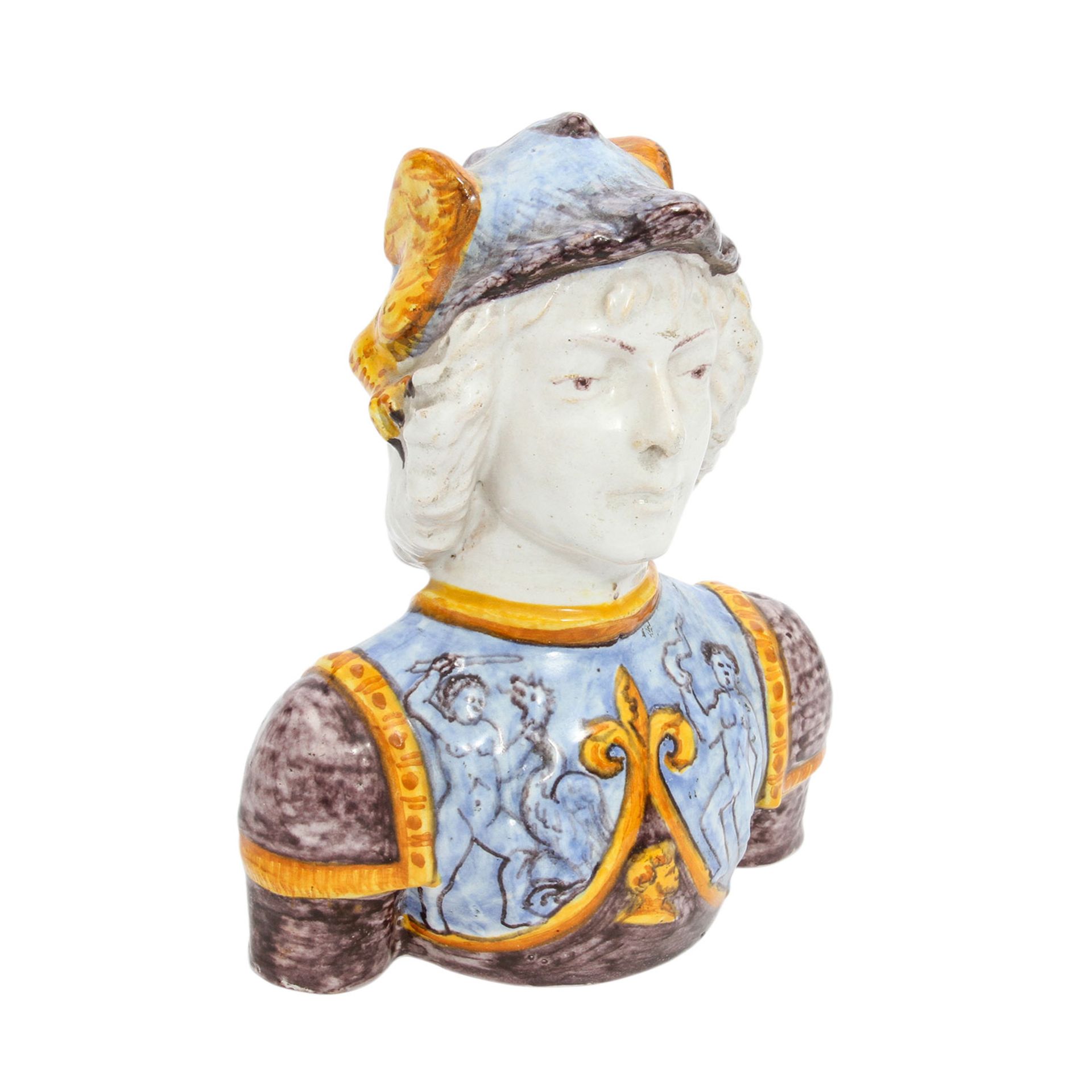Büste eines Kriegers, 19./20. Jh. Grau-brauner Scherben, Darstellung eines jungen Mannes mit Helm