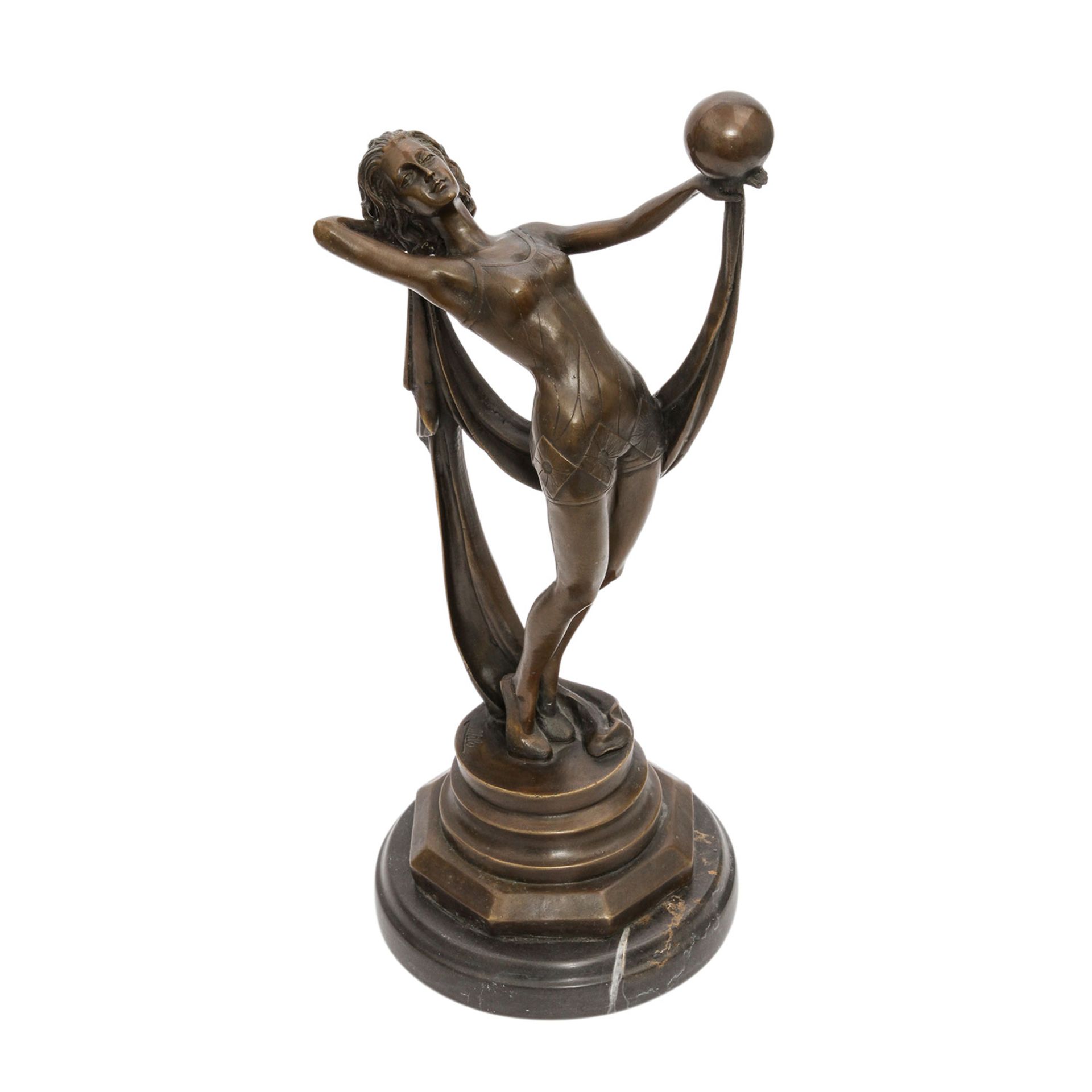 MILO (20. Jhd) 'Kugeltänzerin'. Bronze, Frau mit mit langem Tuch, einen Ball auf der linken Hand