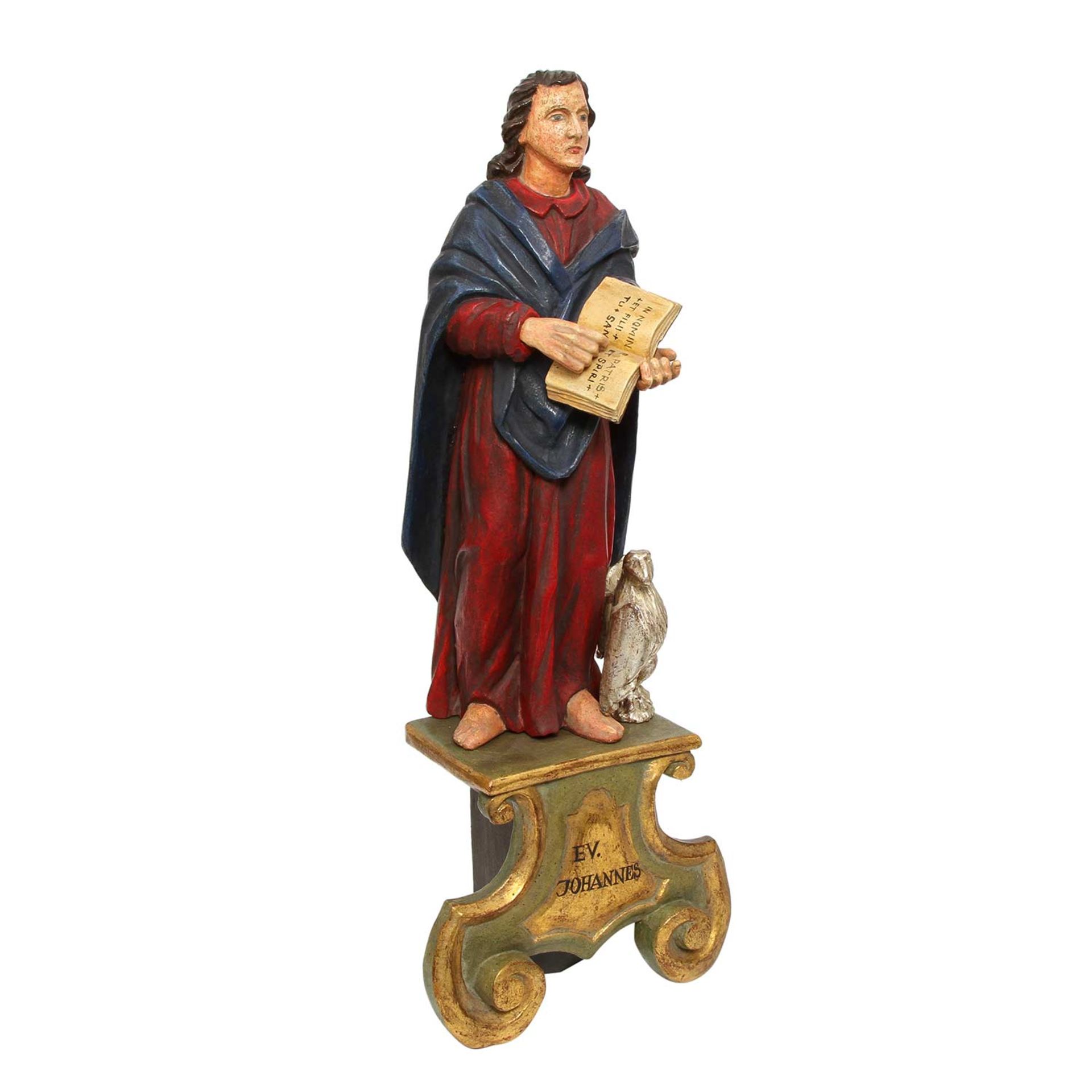 HL. JOHANNES EVANGELIST 19.Jh., Holz vollrund geschnitzt, die Figur des Heiligen steht in