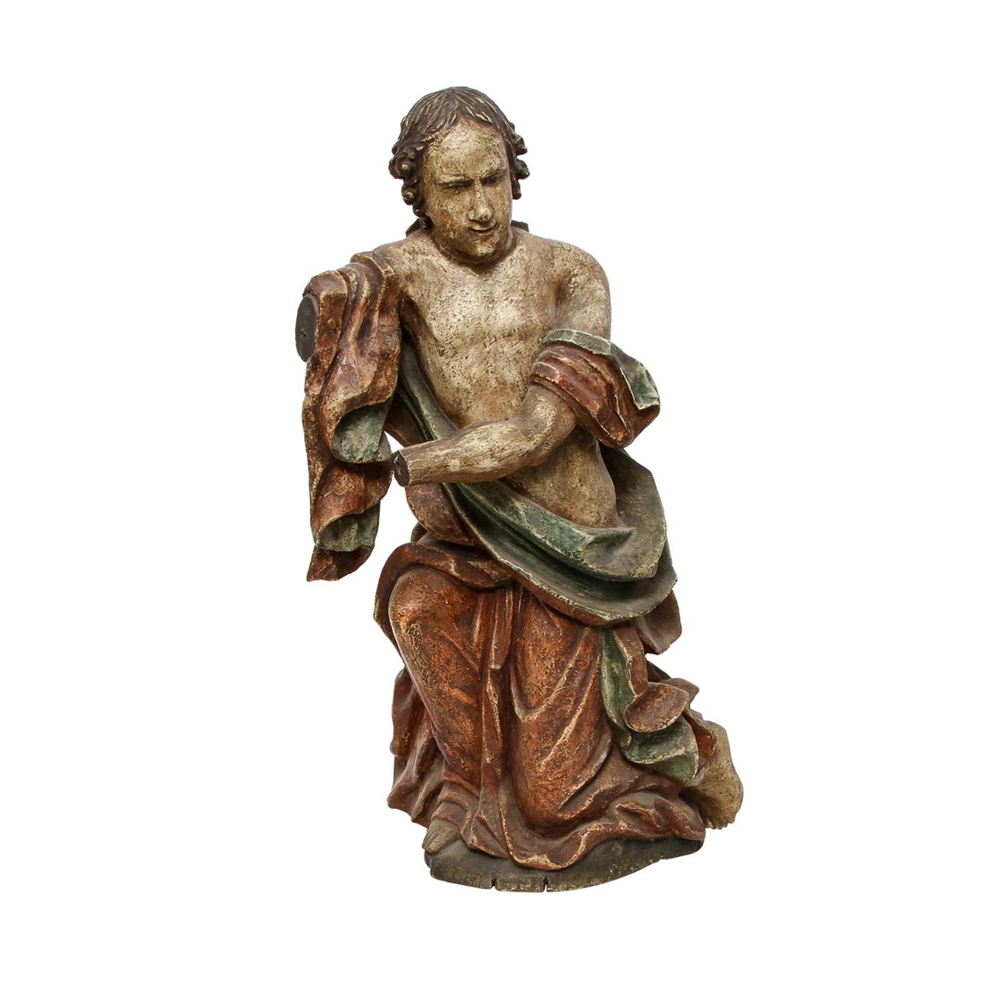 KNIENDER ENGEL 19./20. Jh., in Holz geschnitzt und gefasst, der Engel kniend dargestellt, mit - Image 5 of 7