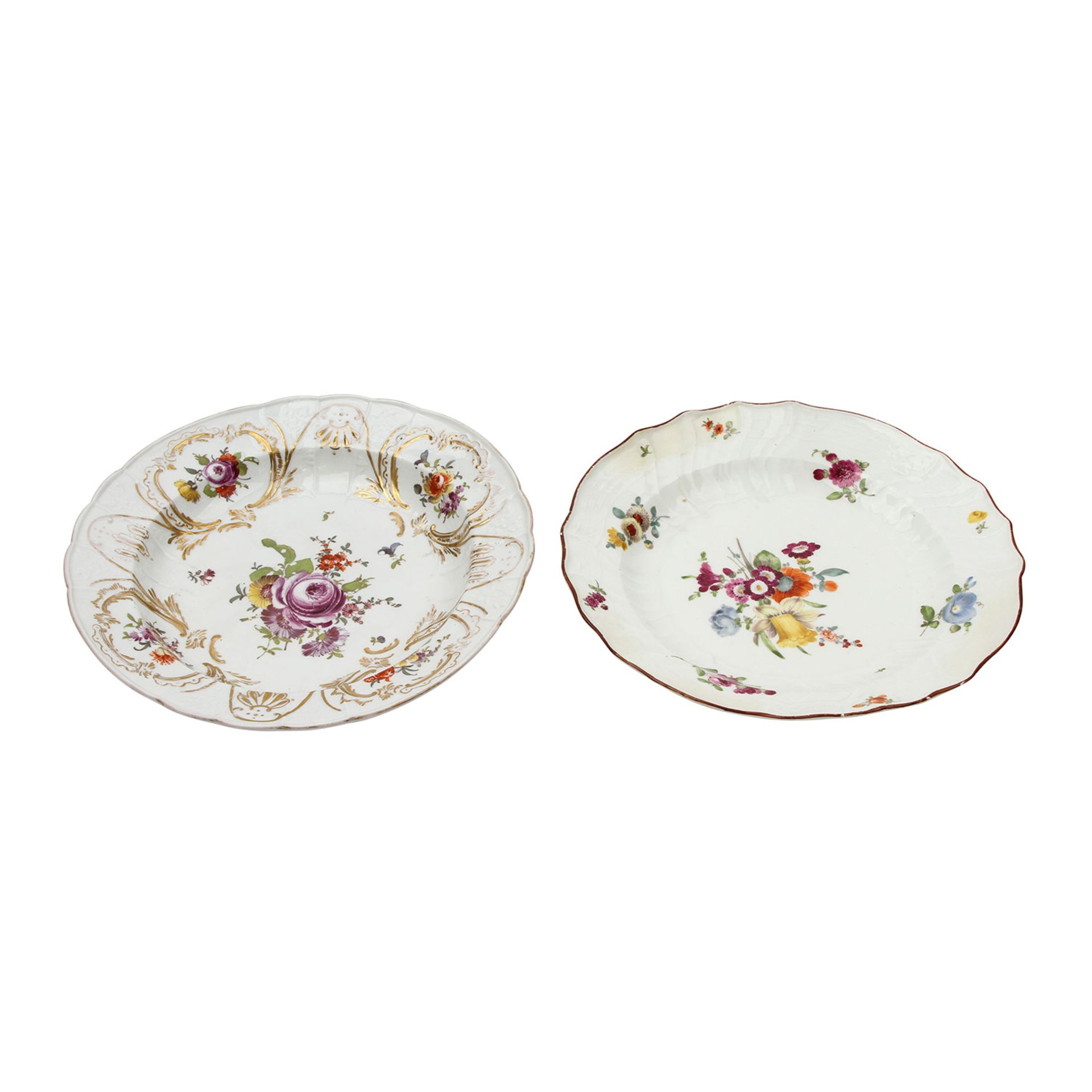 MEISSEN 2 Teller, 1765-1774. Suppenteller mit "Dulong"-Reliefdekor, Blumenbukettmalerei und