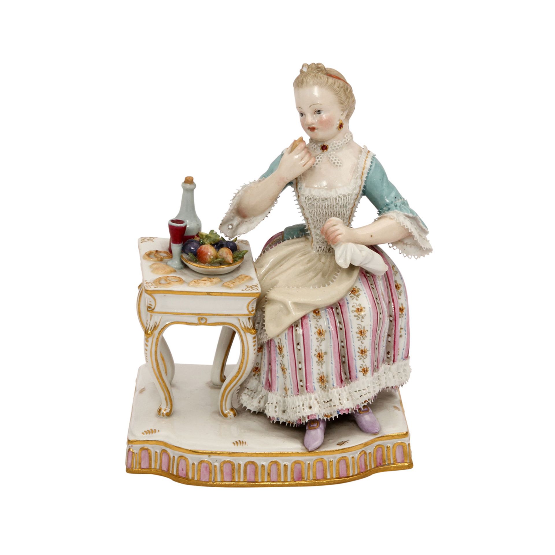 MEISSEN "Dame am Tisch", Allegorie "Der Geschmack" aus der Serie "Die 5 Sinne", 1870-1924. Modell - Image 5 of 6