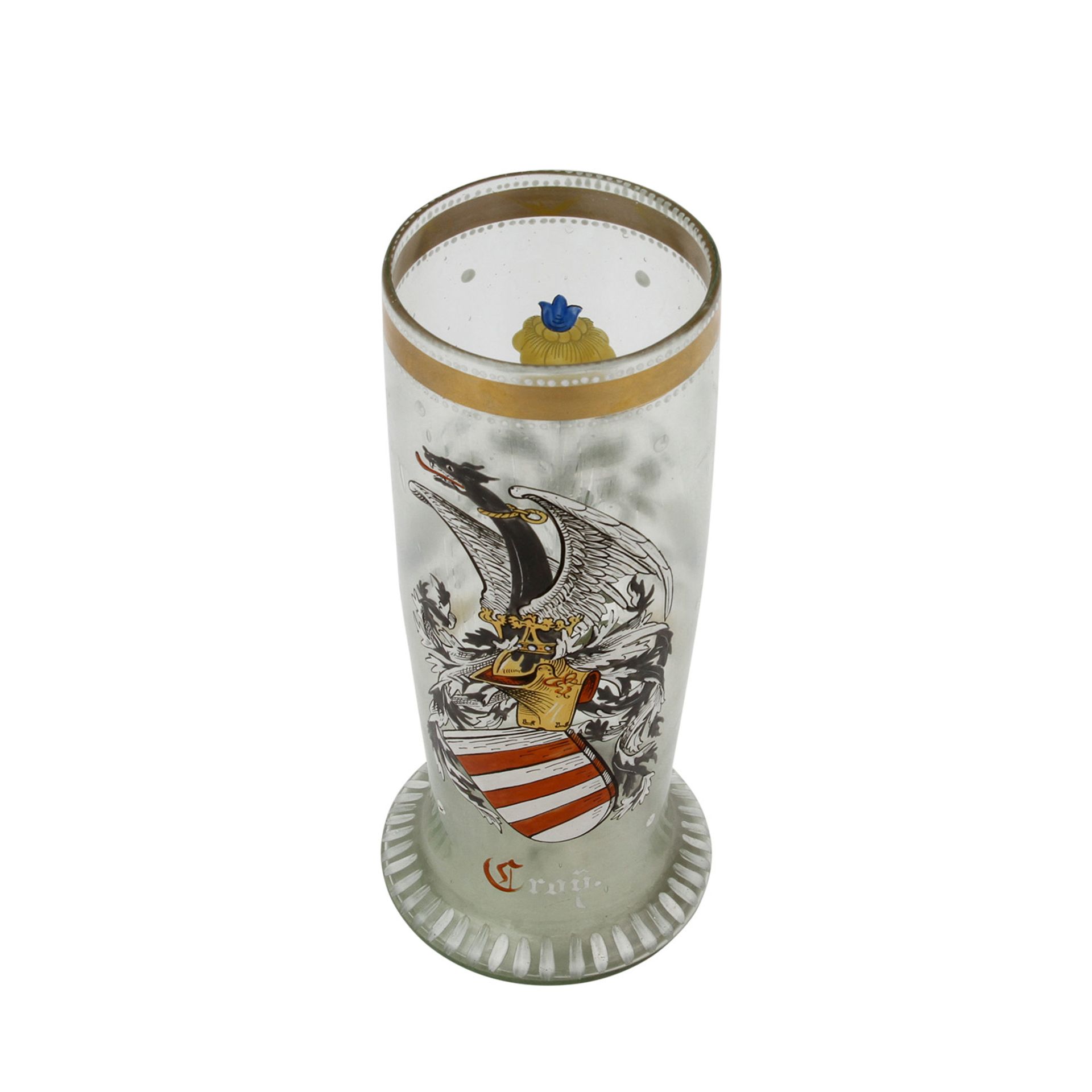 WAPPEN-BECHER Ende 19.Jh.,farbloses Glas mit farbiger Emailbemalung, gold staffiert, H: 22,5 cm. - Image 3 of 7