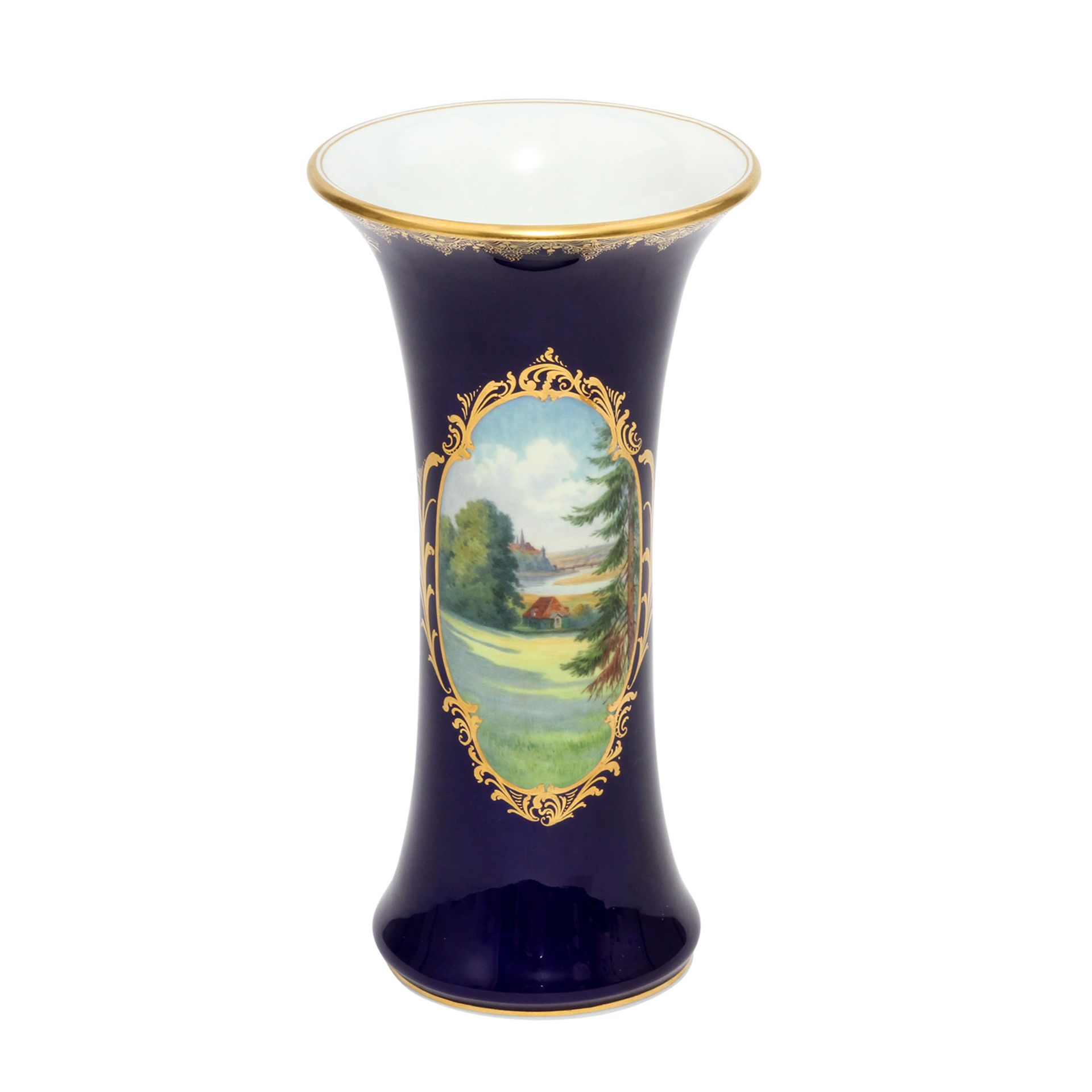 MEISSEN Vase, Pfeifferzeit 1924-1934. Trompetenform, kobaltblauer Fond, schauseitige Goldreserve mit
