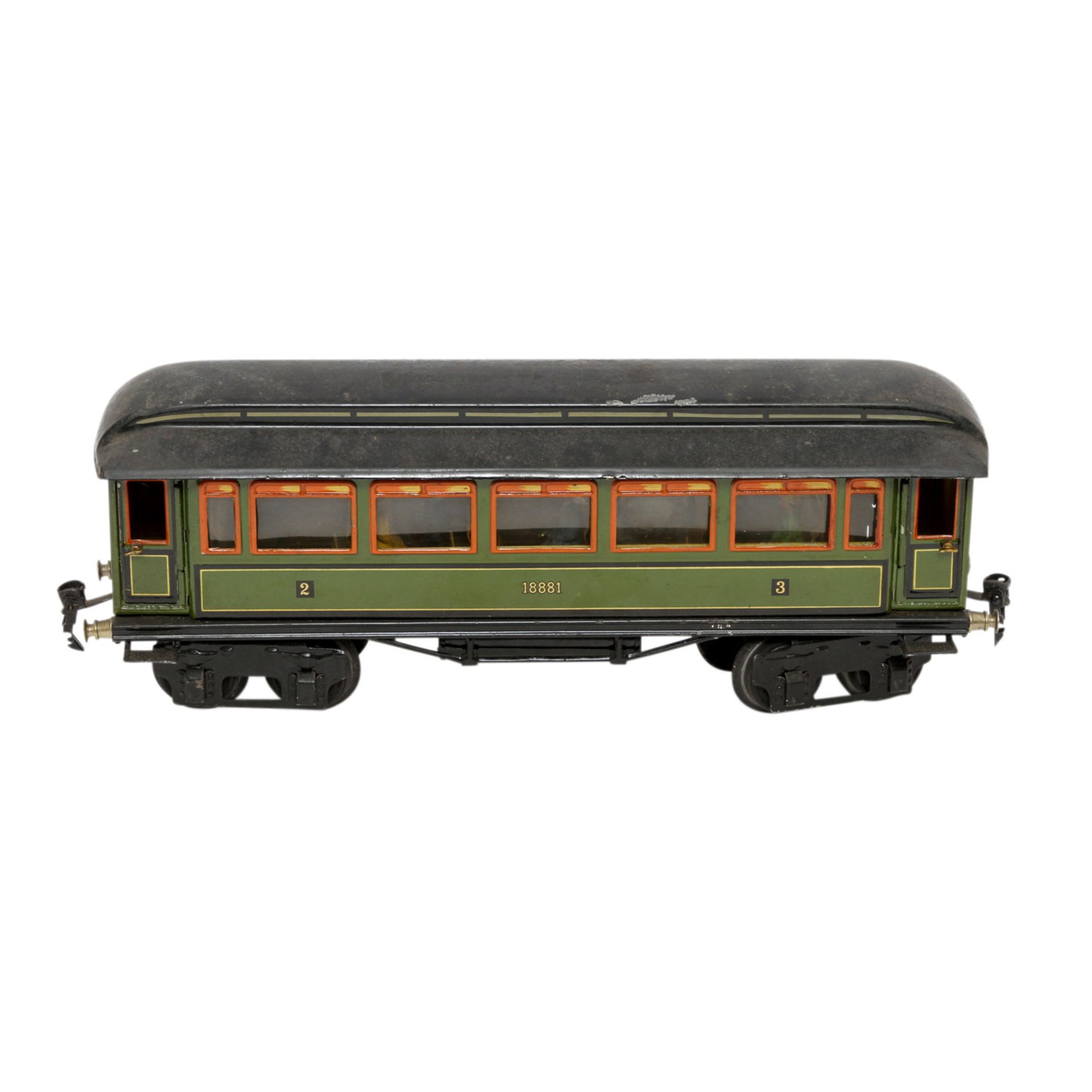 MÄRKLIN Personenwagen 1888 P, Spur 1, 1930, Blech, olivgrün lithogr., 4-achsig, 4 Angeltüren, - Image 4 of 8