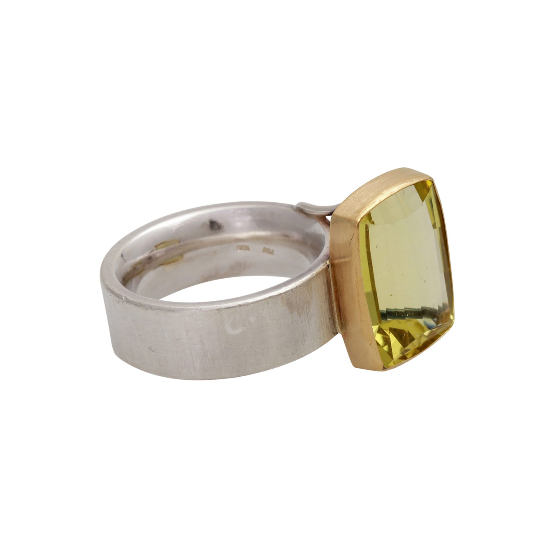 Moderner Ring mit Lemoncitrin, ca. 12 ct, Silber, GG 18K, RW 56, Handarbeit, Steinfassung - Image 2 of 4