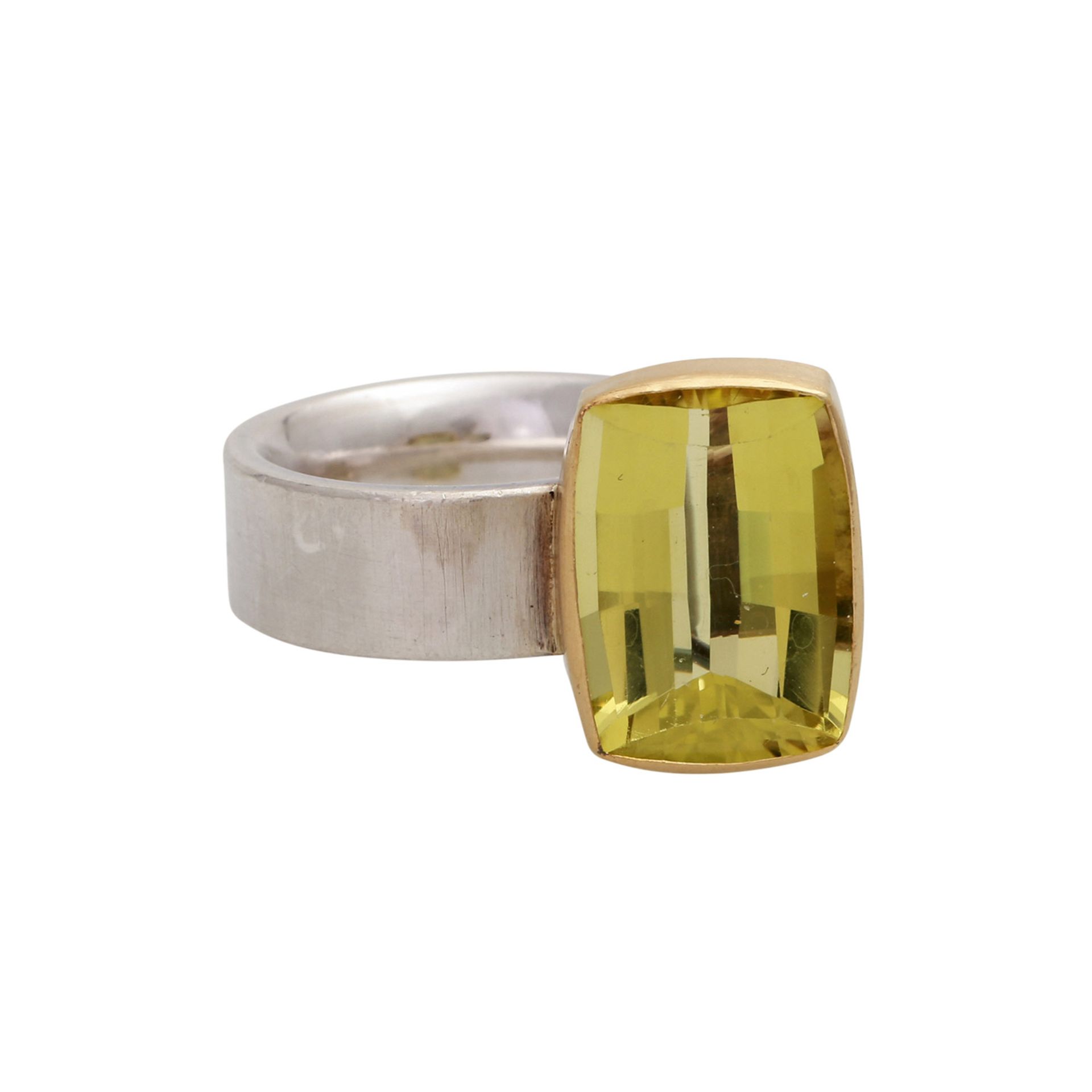 Moderner Ring mit Lemoncitrin, ca. 12 ct, Silber, GG 18K, RW 56, Handarbeit, Steinfassung