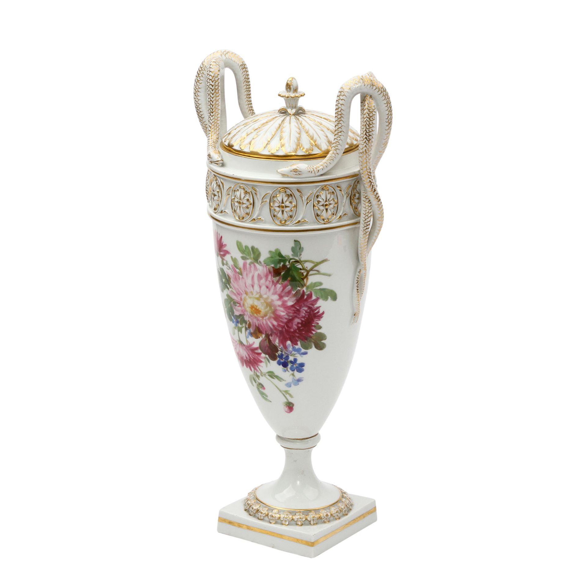 MEISSEN Schlangenhenkelvase, 20. Jhd. Weißporzellan mit reicher Goldstaffage und polychromer - Image 2 of 11