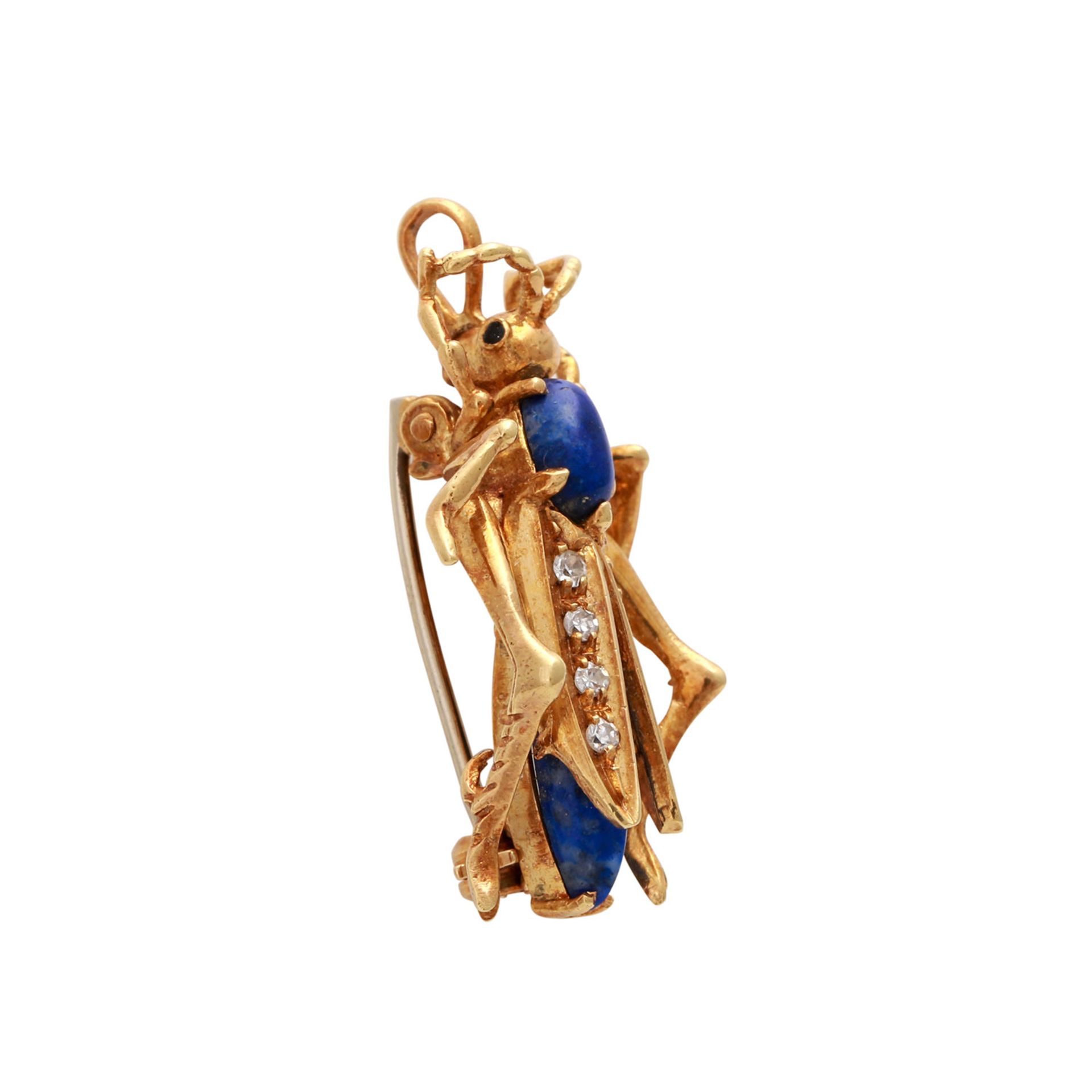 Anhänger/Brosche "Heuschrecke" mit Achtkantdiamanten von zus. ca. 0,10 ct und Lapislazuli, Gold 18K, - Image 2 of 4