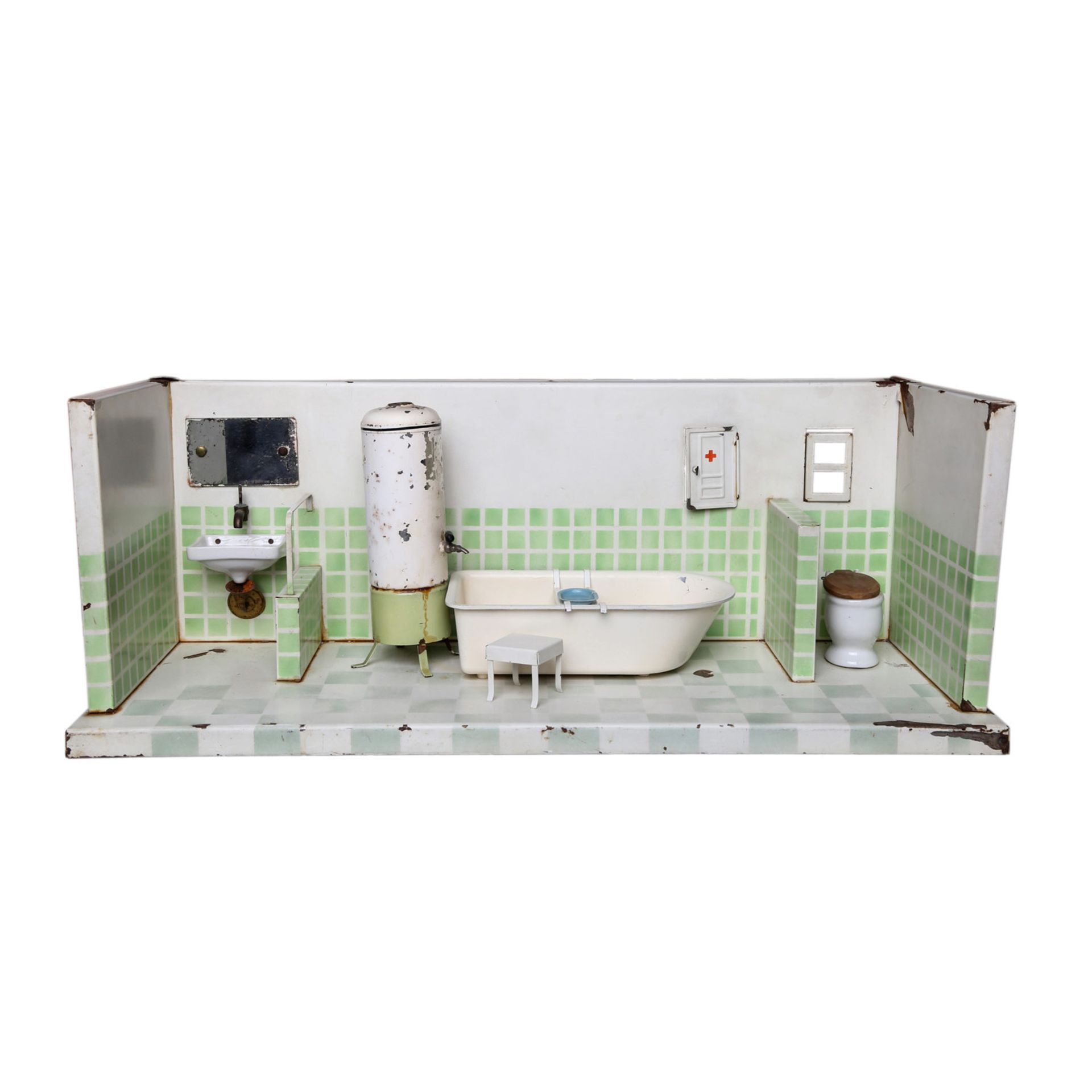 KIBRI Puppenbadezimmer, 1950er Jahre, Blech, beige-grüner Kacheldekor, Toilettenschüssel u. - Image 2 of 7