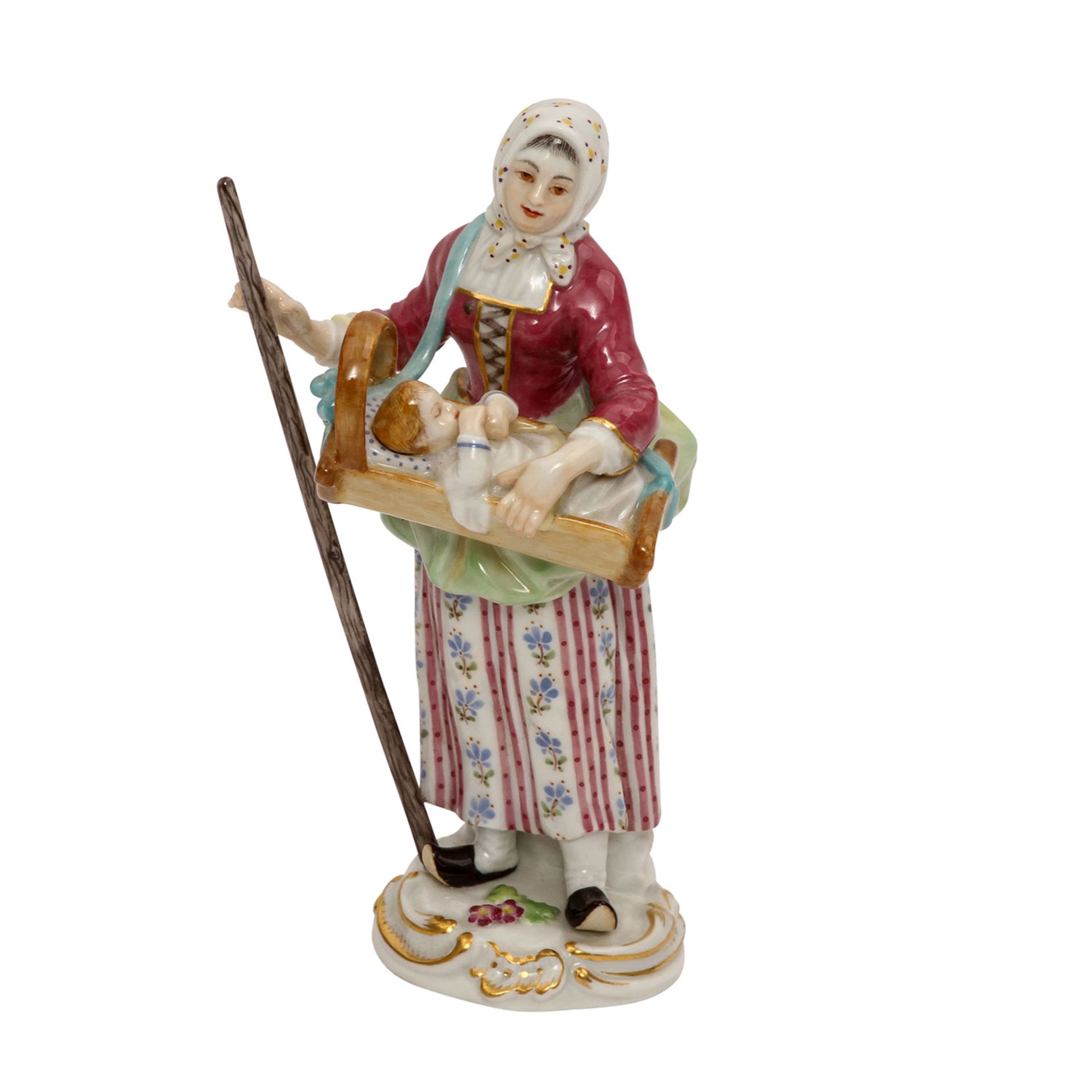 MEISSEN 'Pariser Ausrufer', 20. Jhd. Weißporzellan polychrom gefaßt, Frauenfigur mit Holzstab, im