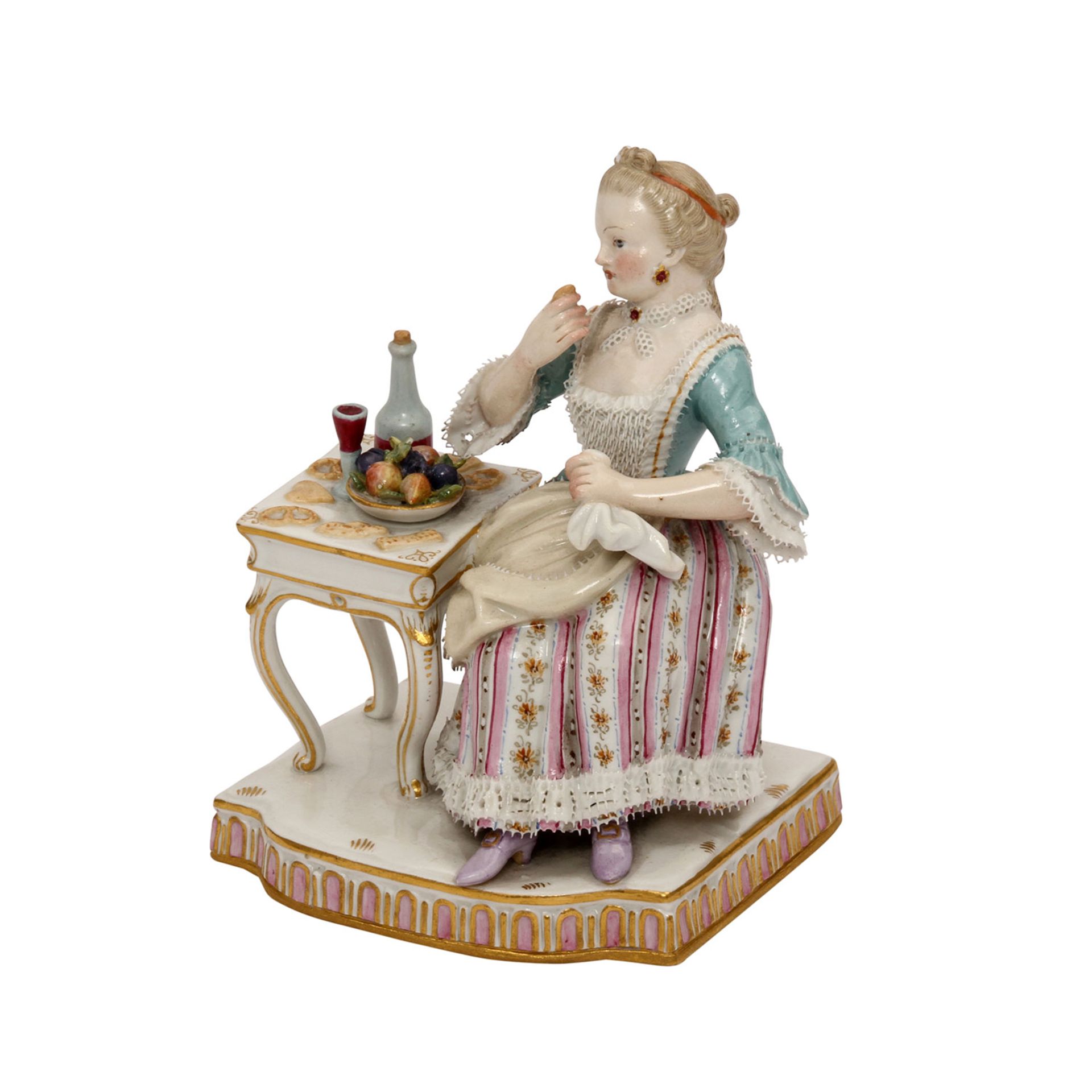 MEISSEN "Dame am Tisch", Allegorie "Der Geschmack" aus der Serie "Die 5 Sinne", 1870-1924. Modell