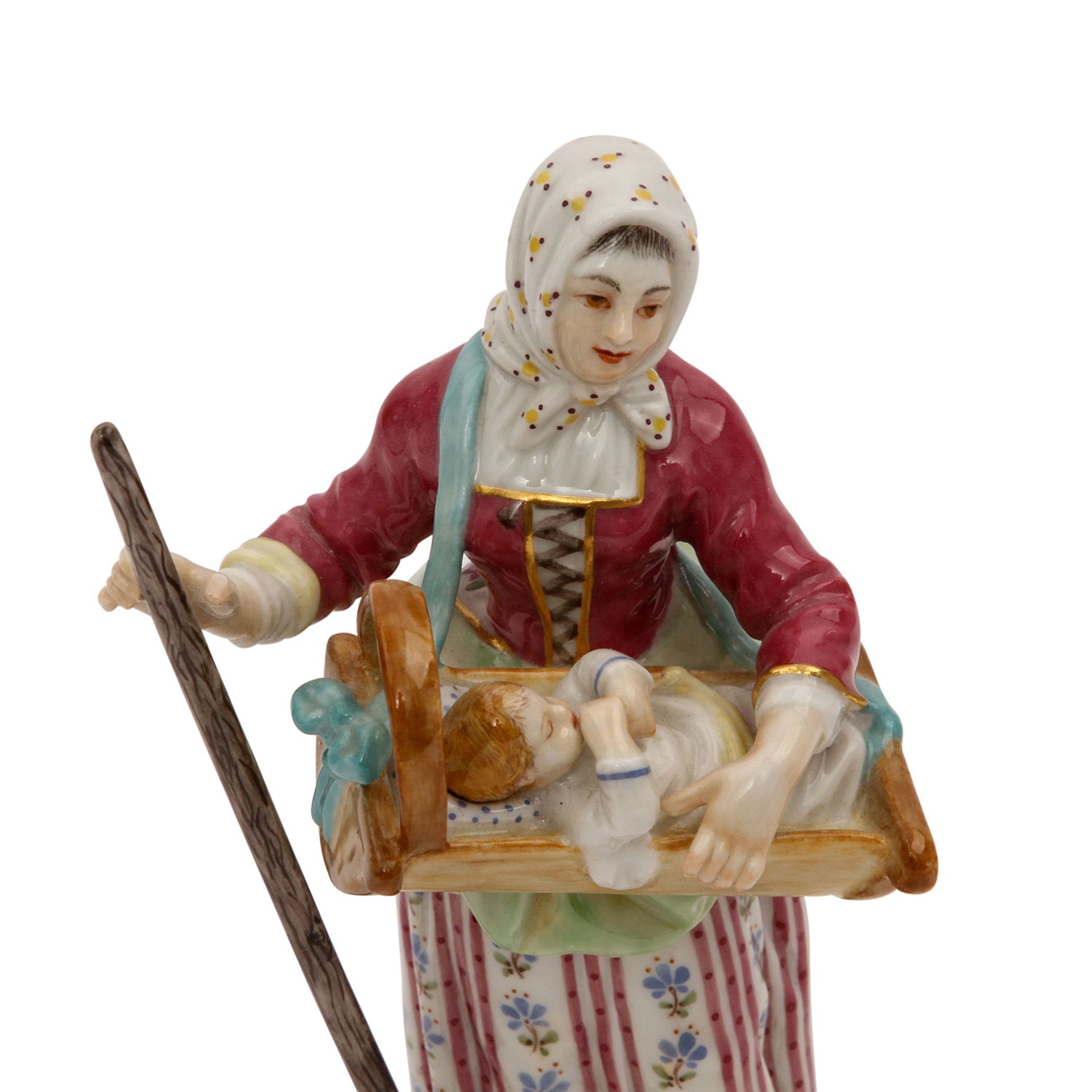 MEISSEN 'Pariser Ausrufer', 20. Jhd. Weißporzellan polychrom gefaßt, Frauenfigur mit Holzstab, im - Image 6 of 7