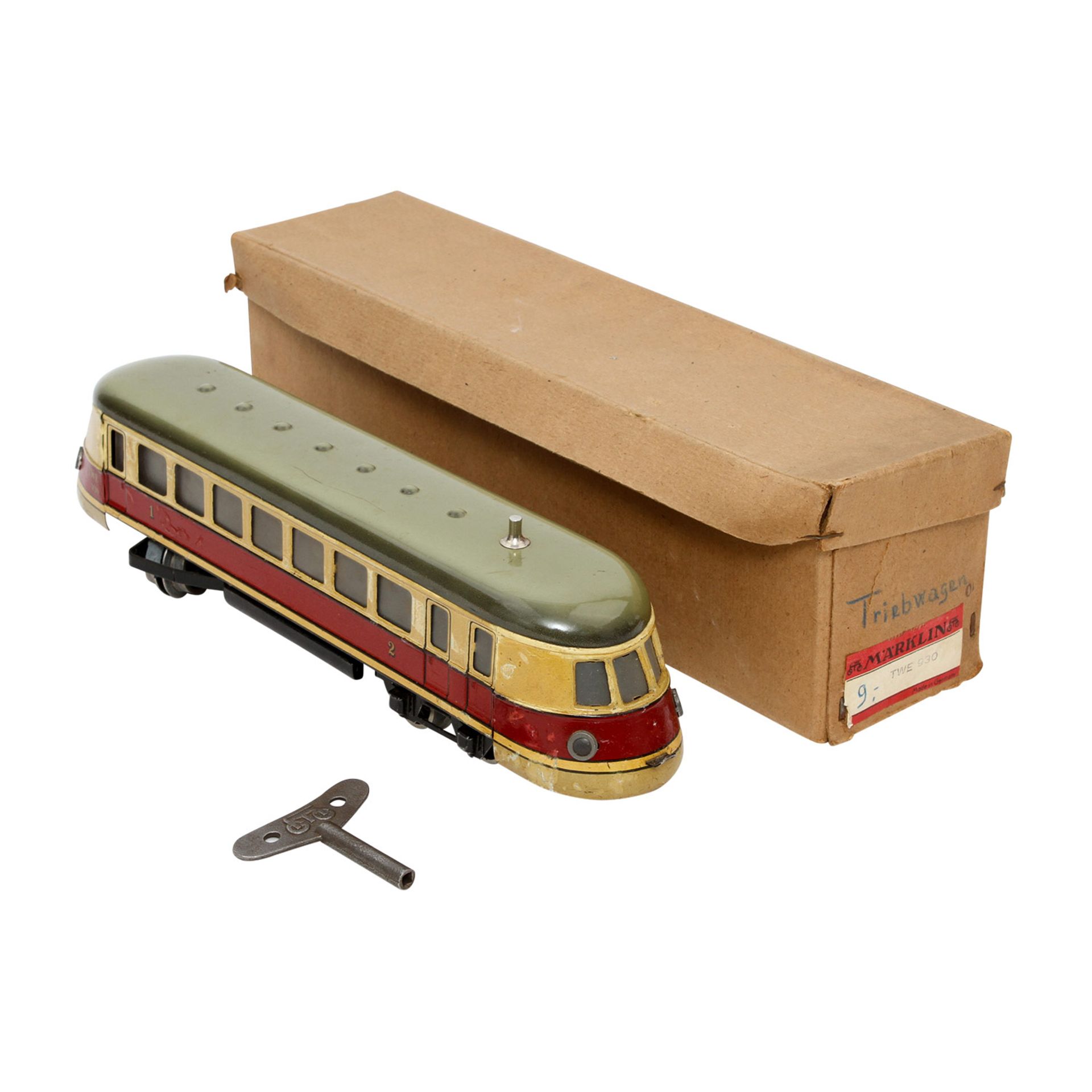 MÄRKLIN Uhrwerk-Schnelltriebwagen TWE 930, Spur 0, 1935-1940, rot/creme lack., 4-achsig, 1-teilig, 1