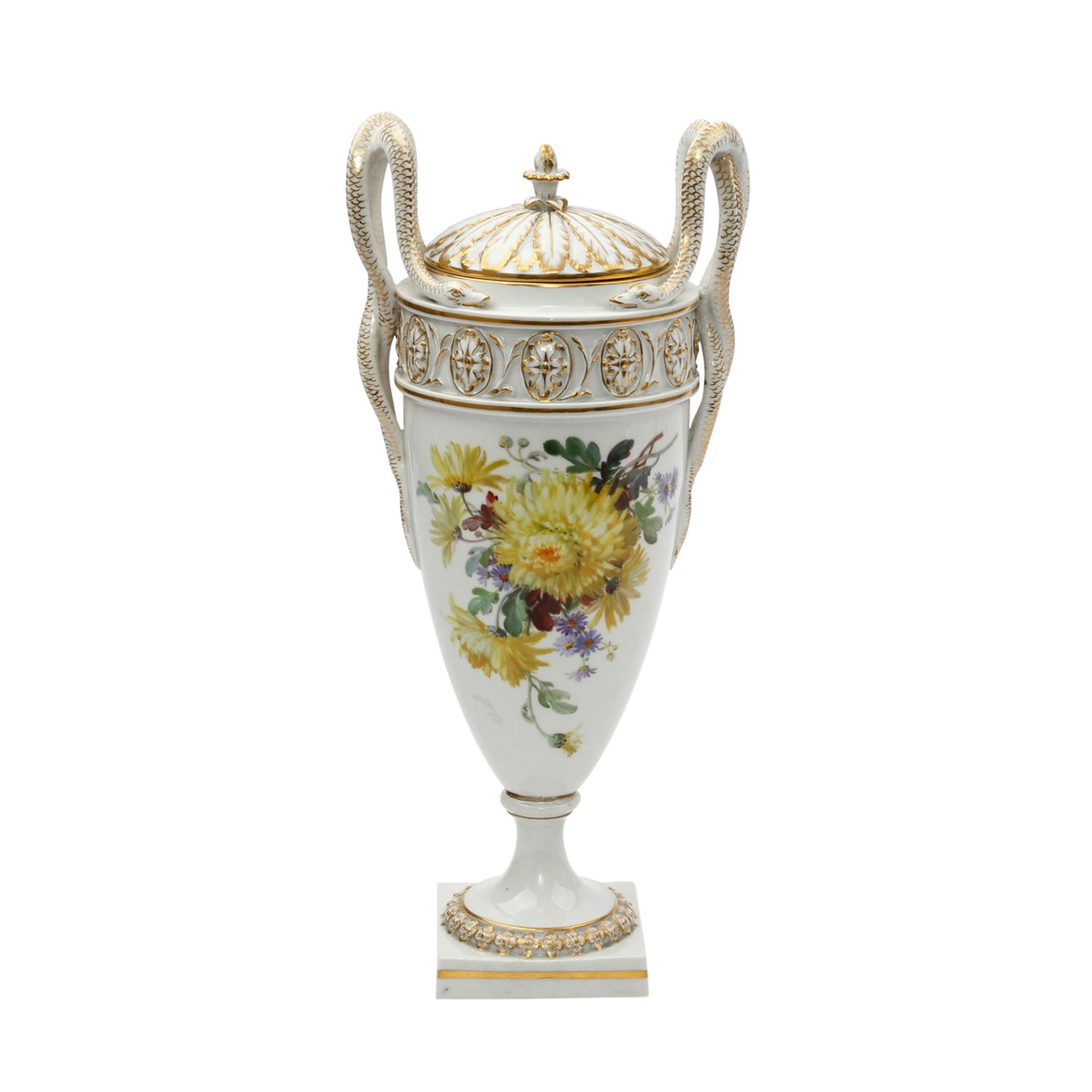 MEISSEN Schlangenhenkelvase, 20. Jhd. Weißporzellan mit reicher Goldstaffage und polychromer - Image 5 of 11