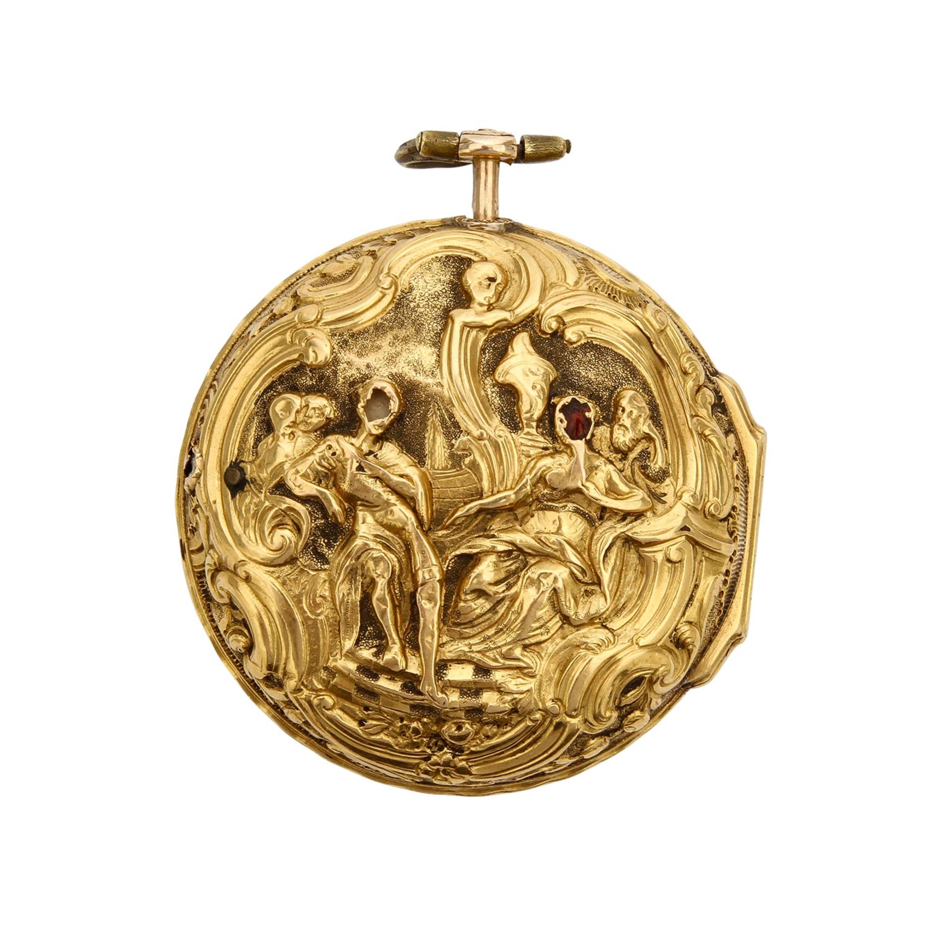 SPINDELTASCHENUHR MIT GOLDENEM REPOUSSEÈ-ÜBERGEHÄUSE London, 1770-1780, auf Werk sign. "Charlson - Image 3 of 11