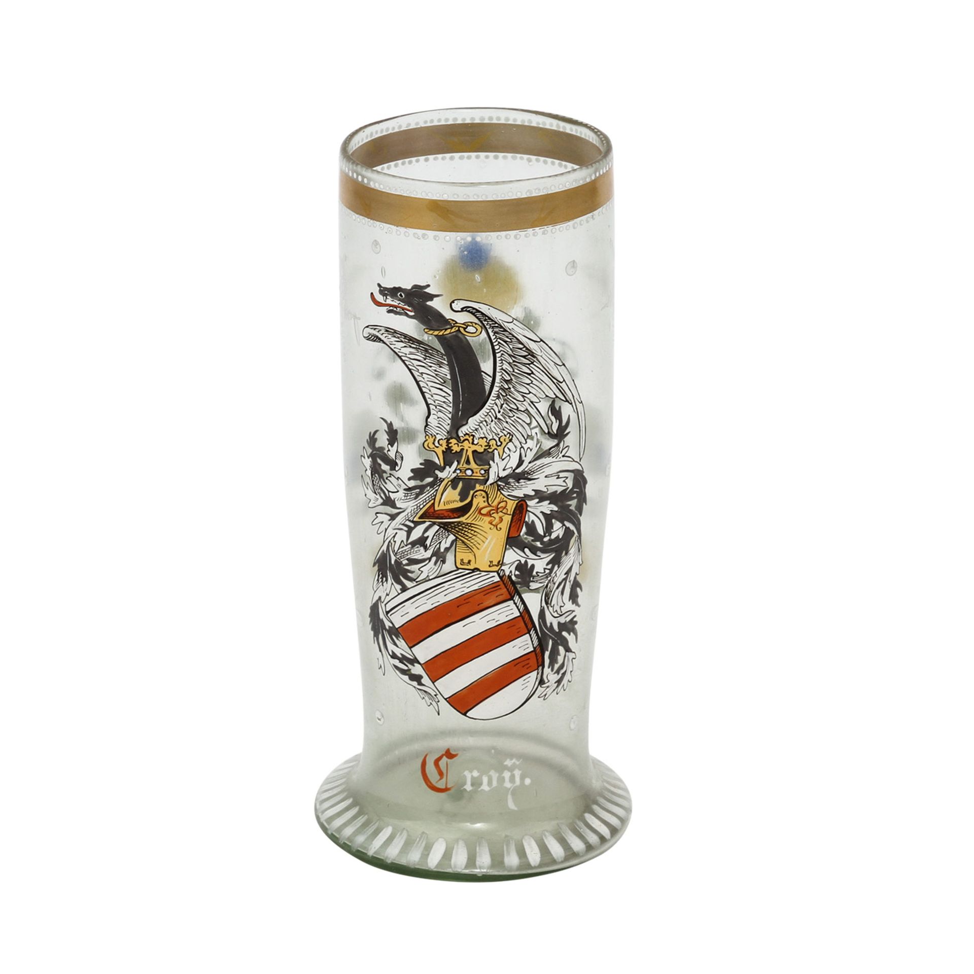 WAPPEN-BECHER Ende 19.Jh.,farbloses Glas mit farbiger Emailbemalung, gold staffiert, H: 22,5 cm.